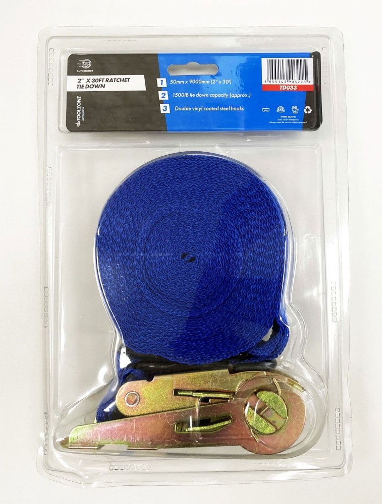 RATCHET TIE DOWN 2 x 30ft 1500lb CAPACITY - TOOLZONE KDPTD033