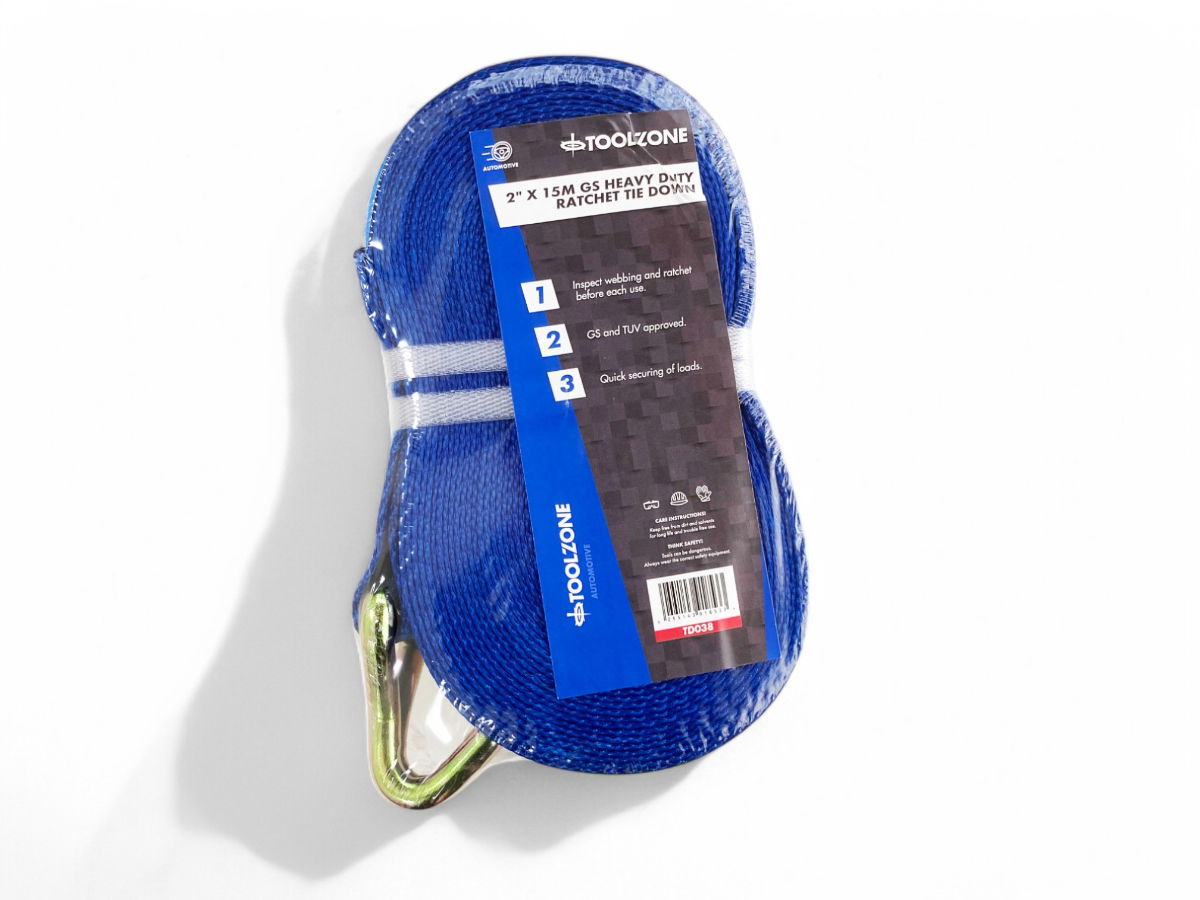 HEAVY DUTY RATCHET TIE DOWN 2 x 15m 2500daN STRAIGHT 5000kg ROUND GS APPROVED - TOOLZONE KDPTD038