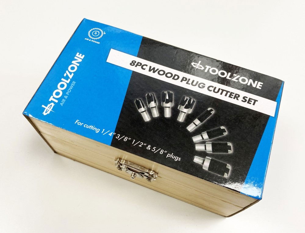 WOOD PLUG CUTTER SET 8PC 6mm 10mm 13mm 16mm 10mm SHANK IN WOOD BOX - TOOLZONE KDPWW132