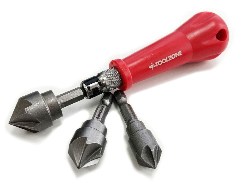 COUNTERSINK SET 3PC WITH HANDLE 12mm 16mm 19mm 1/4 HEX SHANK - TOOLZONE KDPWW167