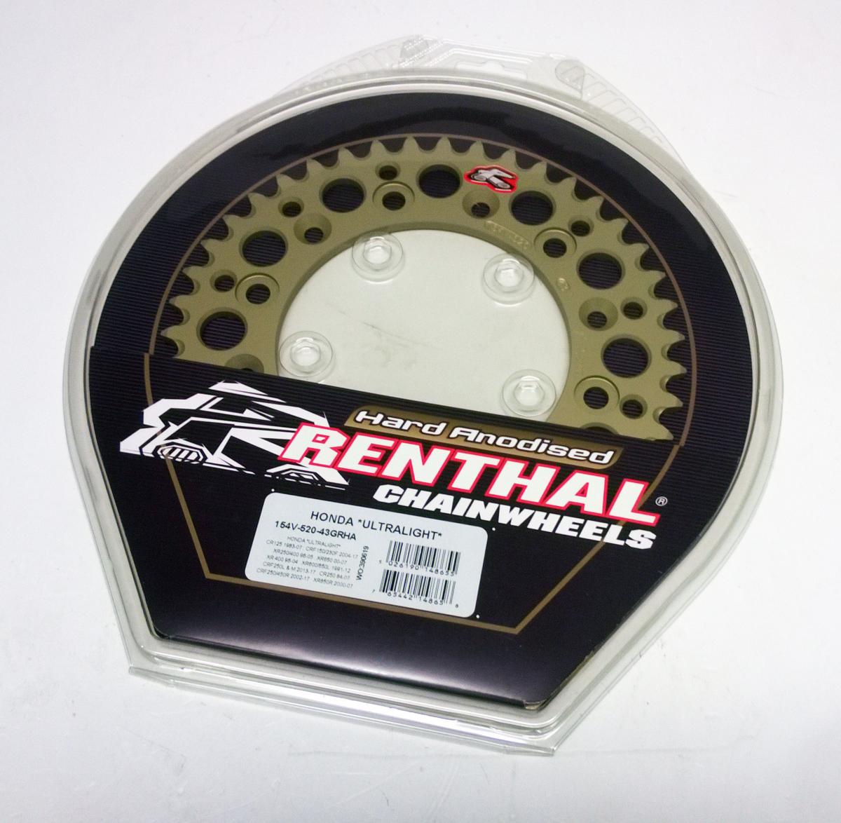 REAR SPROCKET ALLOY RENTHAL, RENTHAL GROOVED HARD ANODISED, ULTRALITE 154W-520-43GHA