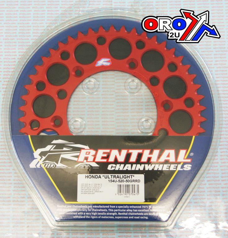 REAR SPROCKET ALLOY RENTHAL, ULTRALITE 154U-520-50GRRD RED, 154U-520-50GRRD
