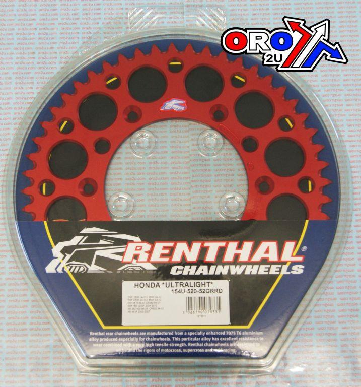REAR SPROCKET ALLOY RENTHAL, ULTRALITE 154U-520-52GRRD RED