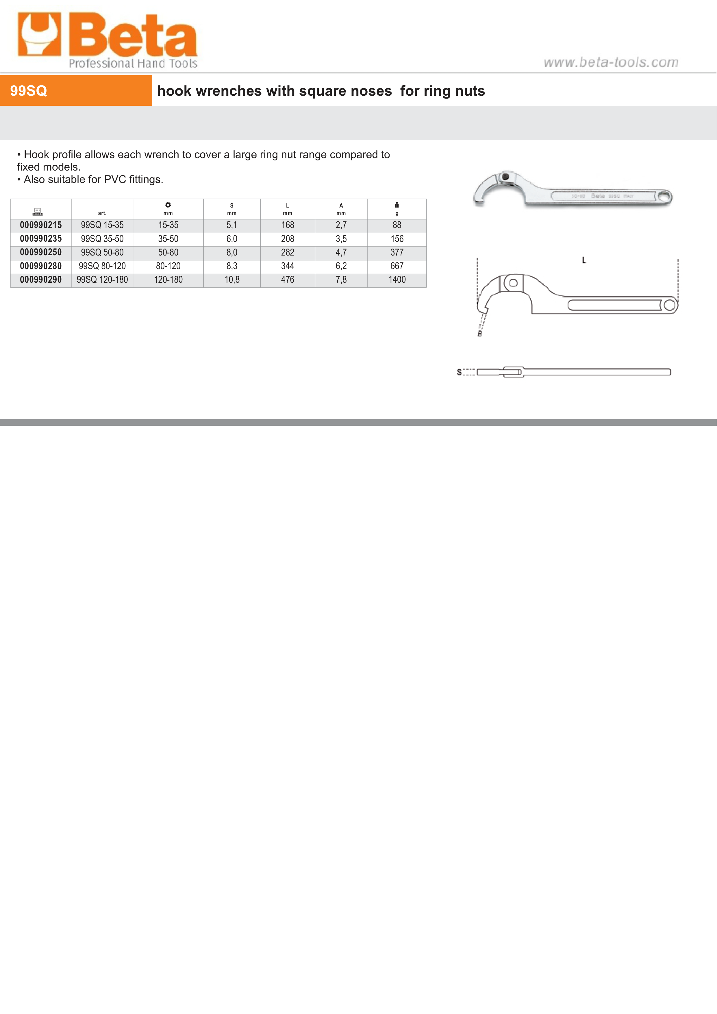 Hook Wrench with Square Noses for Ring Nuts 80mm-120mm - Beta Tools 99SQ 80-120