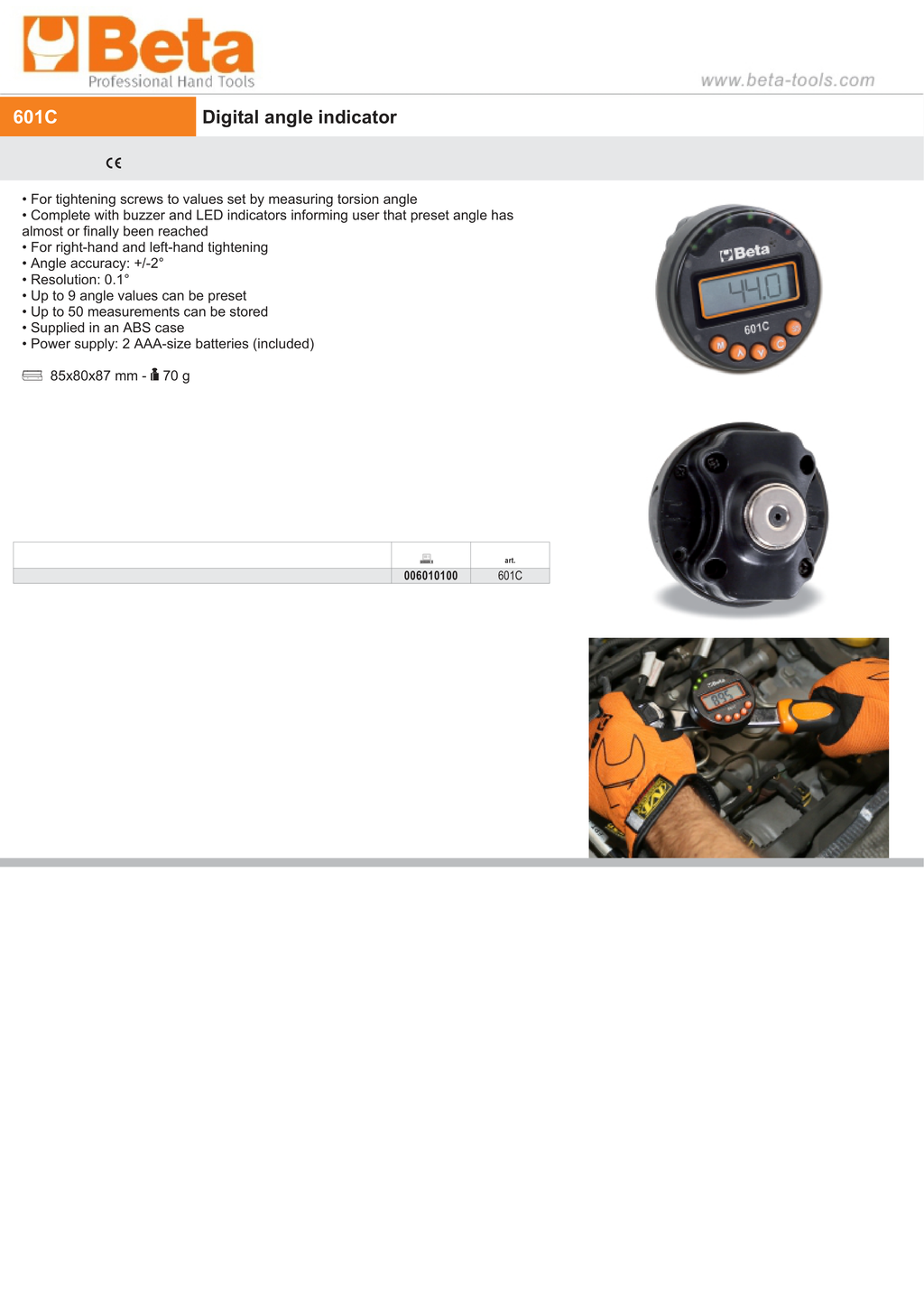 Digital Angle Indicator for Right/Left-Hand Tightening 2 Accuracy, LED/Buzzer Alerts, 9 Preset Angles, 50 Measurement Storage, Includes Case - Beta Tools 601C
