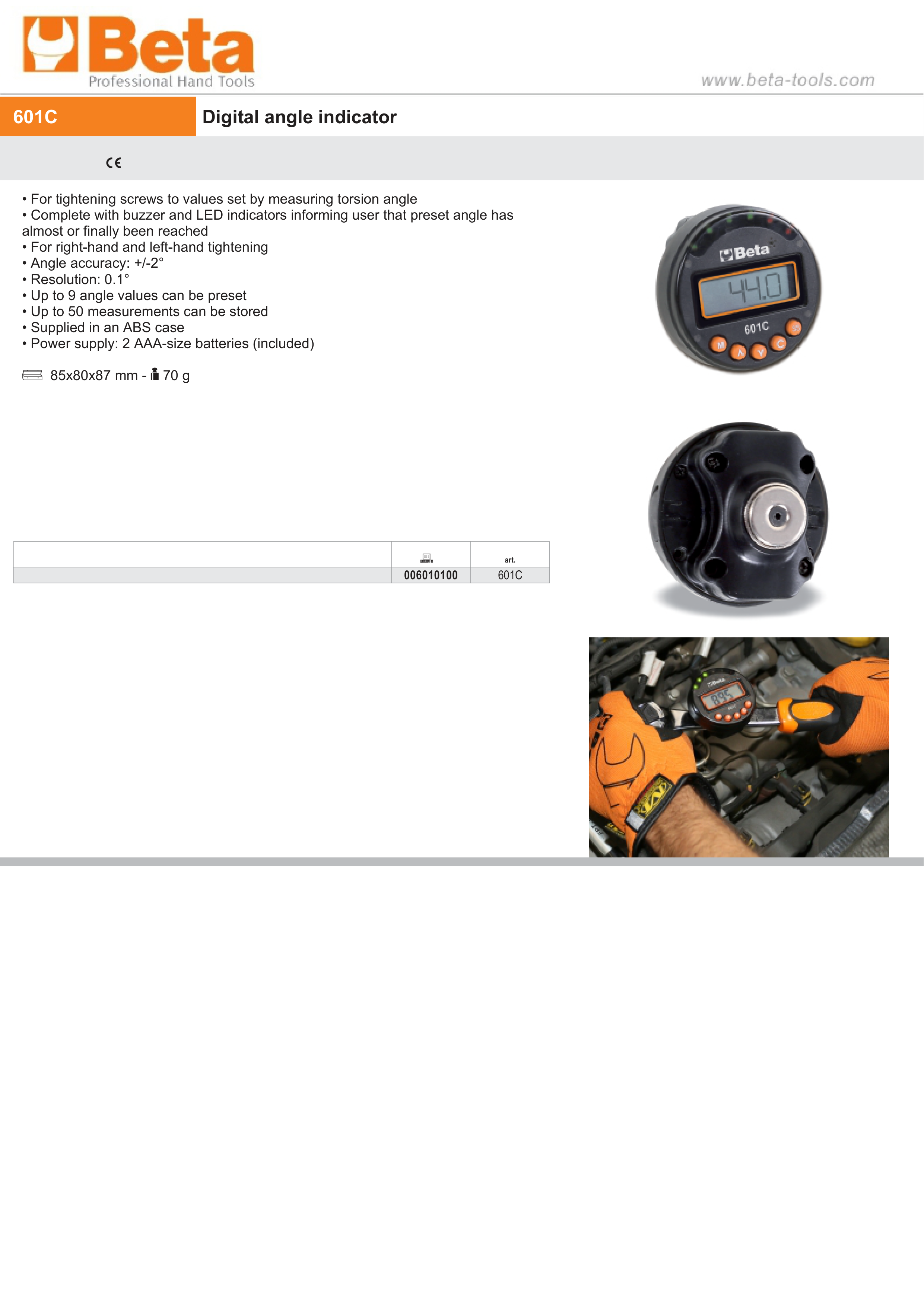 Digital Angle Indicator for Right/Left-Hand Tightening 2 Accuracy, LED/Buzzer Alerts, 9 Preset Angles, 50 Measurement Storage, Includes Case - Beta Tools 601C