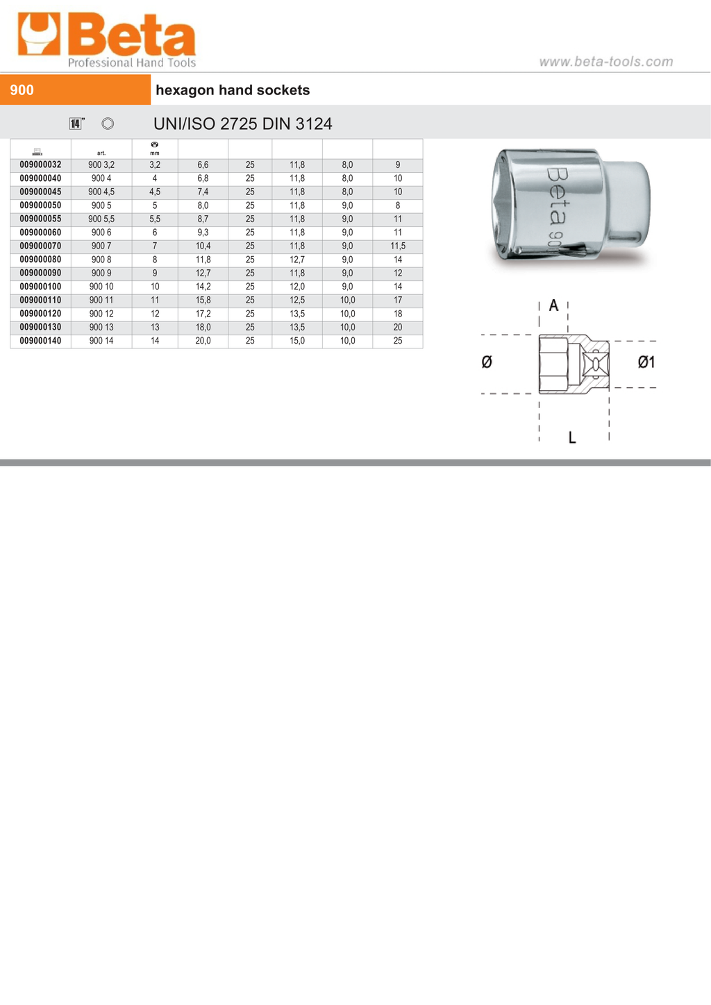 Hexagon Hand Sockets 1/4 8mm - Beta Tools 900 8
