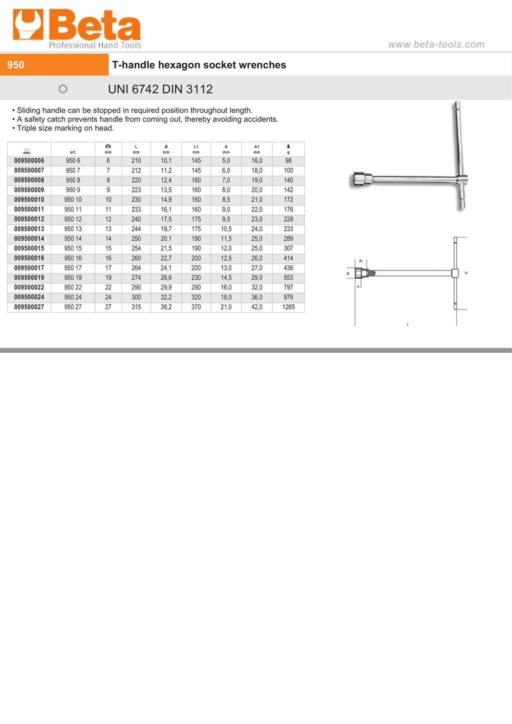 T-Handle Hexagon Socket Wrench 9mm - Beta Tools 950 9