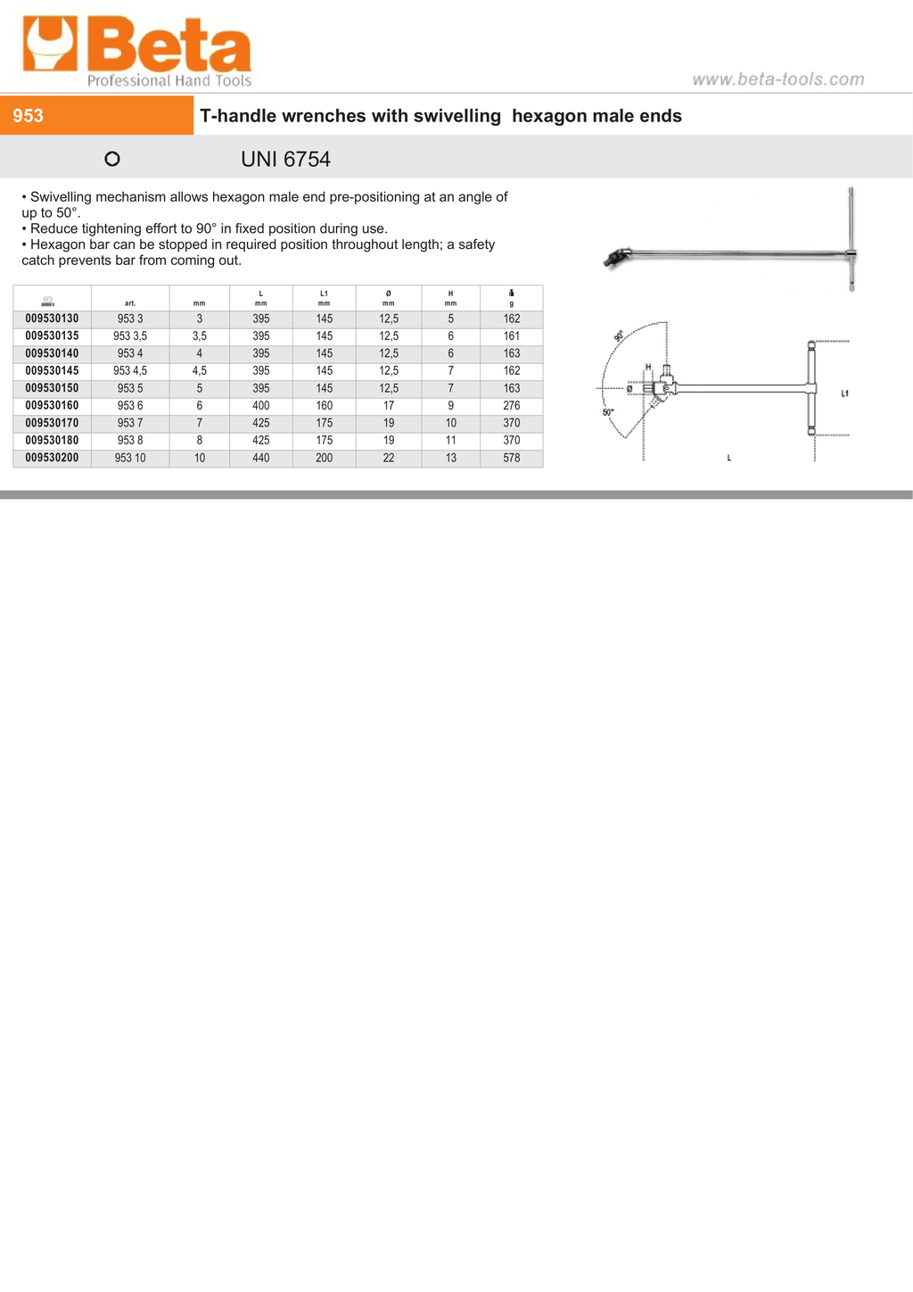 T-Handle Wrench with Swivelling Hexagon Male End 4mm - Beta Tools 953 4