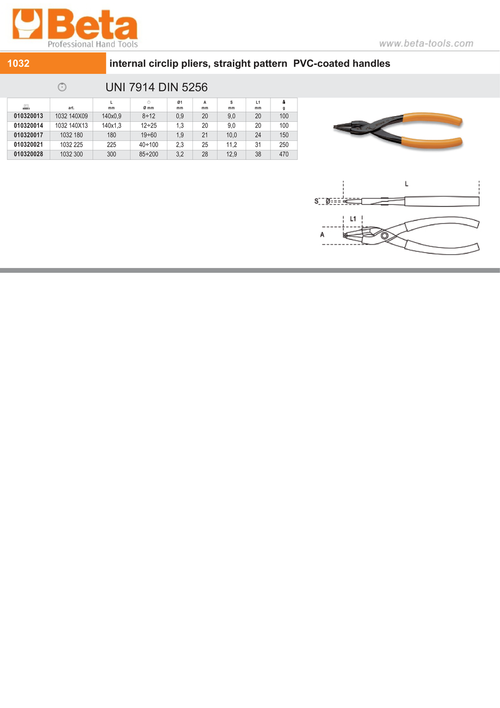 Internal Circlip Pliers Straight Pattern PVC Handles 180mm - Beta Tools 1032 180