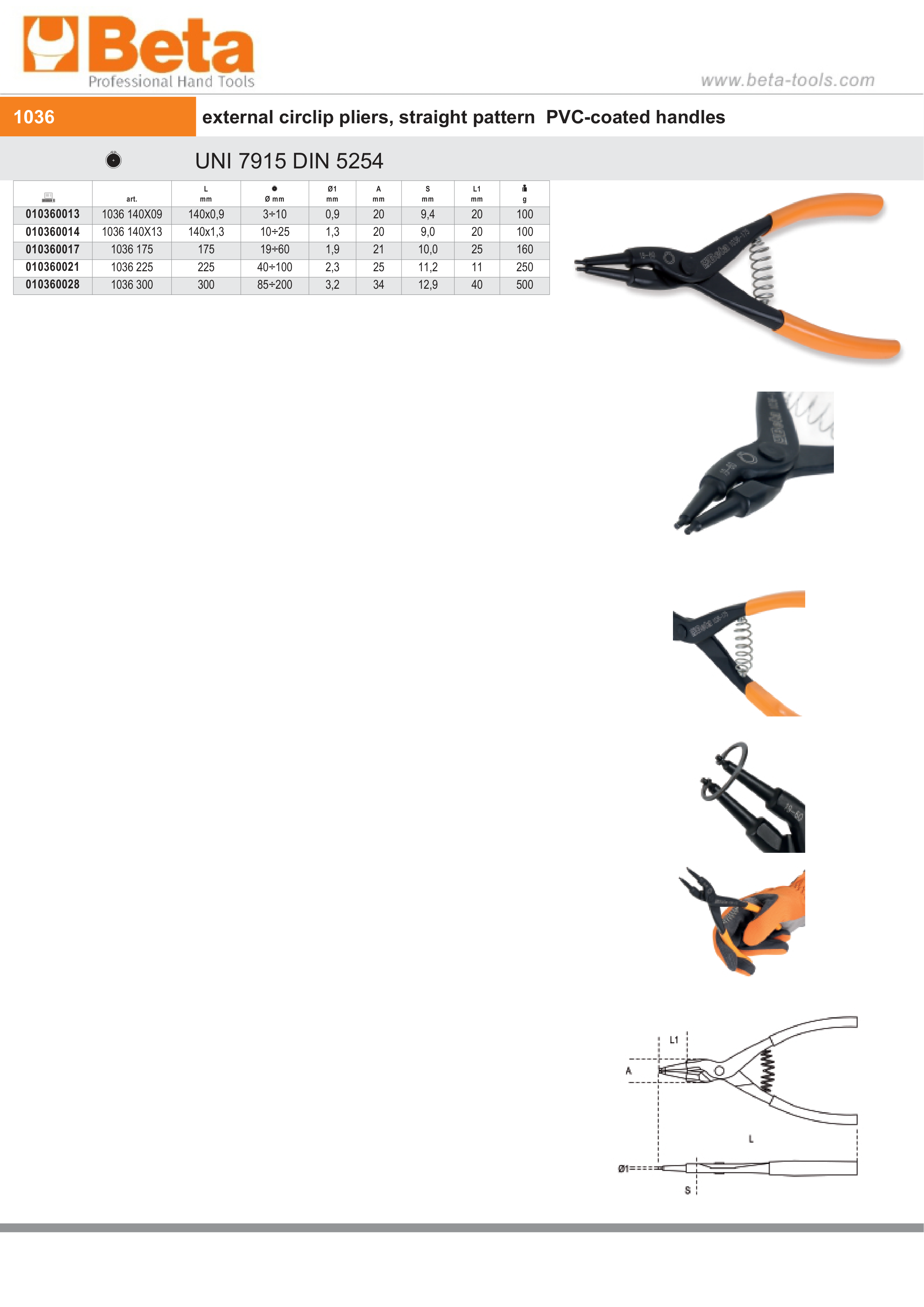External Circlip Pliers Straight Pattern PVC Handles 140mm - Beta Tools 1036 140X13