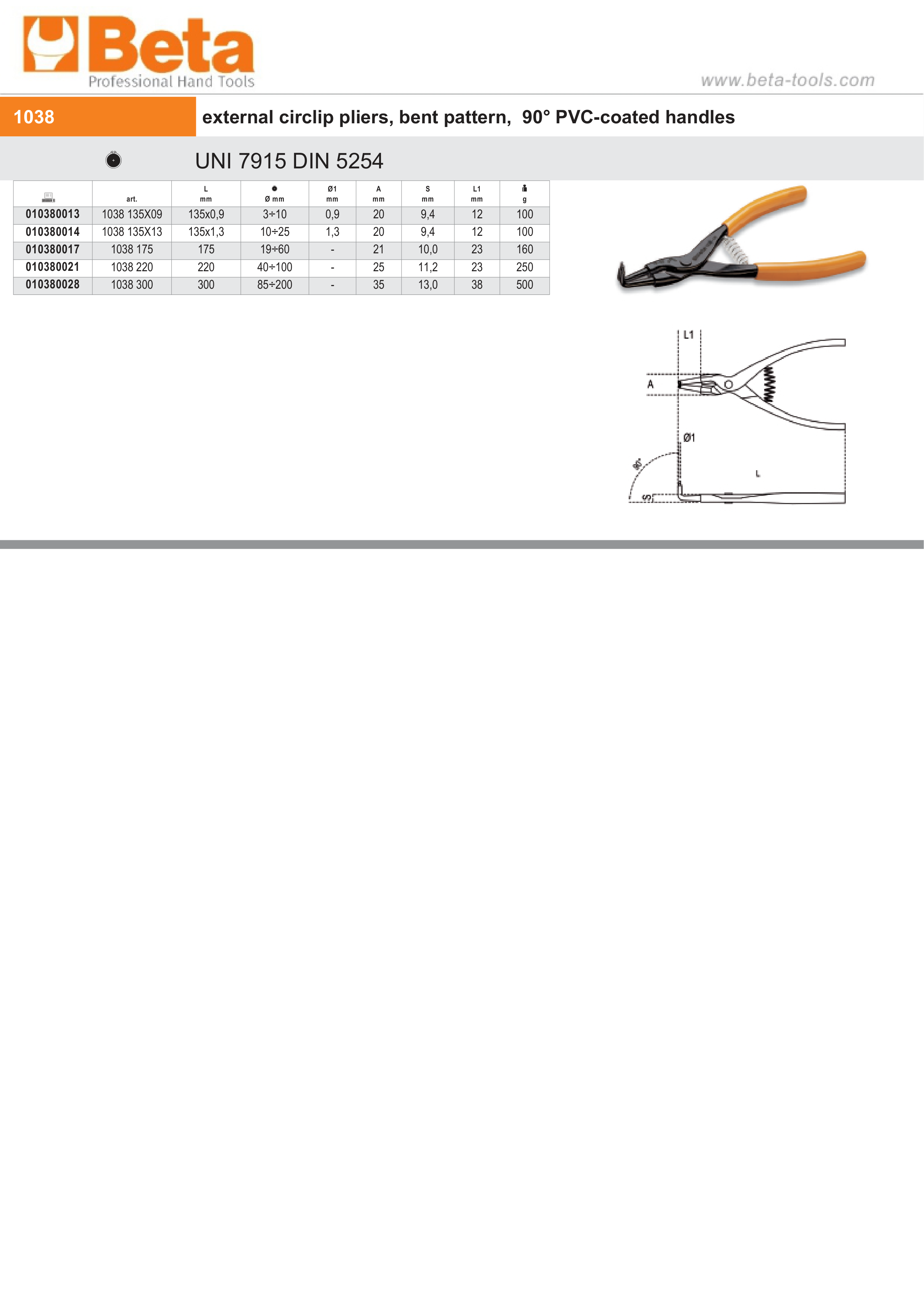 External Circlip Pliers Bent 90 PVC Handles 135mm - Beta Tools 1038 135X13