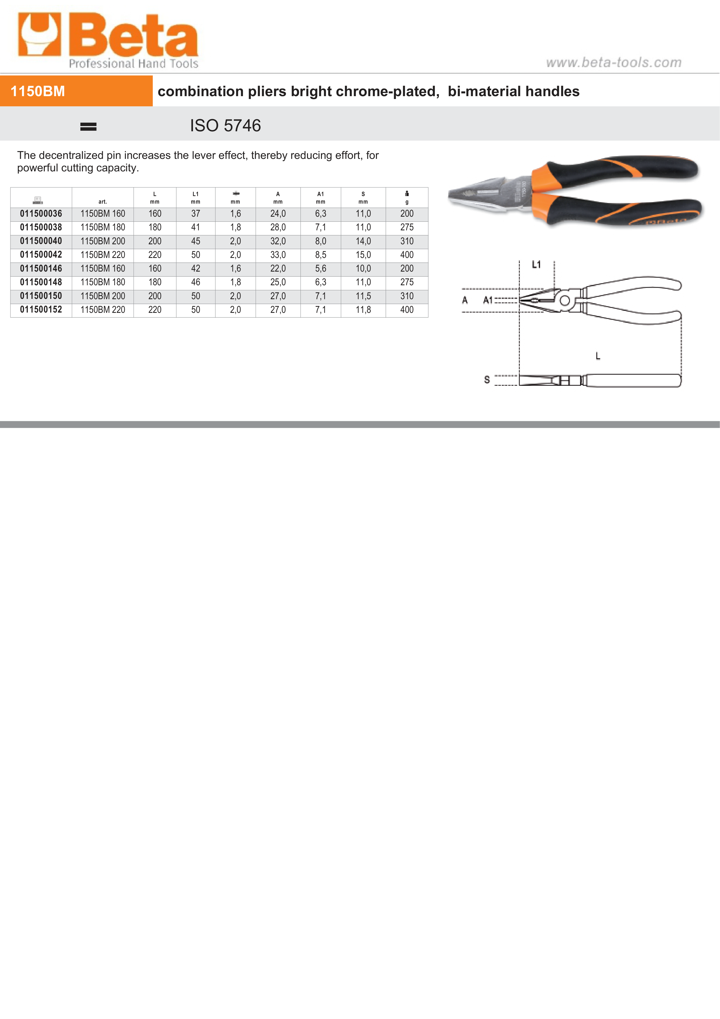 Combination Pliers Chrome-Plated with Bi-Material Handles 180mm Length - Beta Tools 1150BM 180