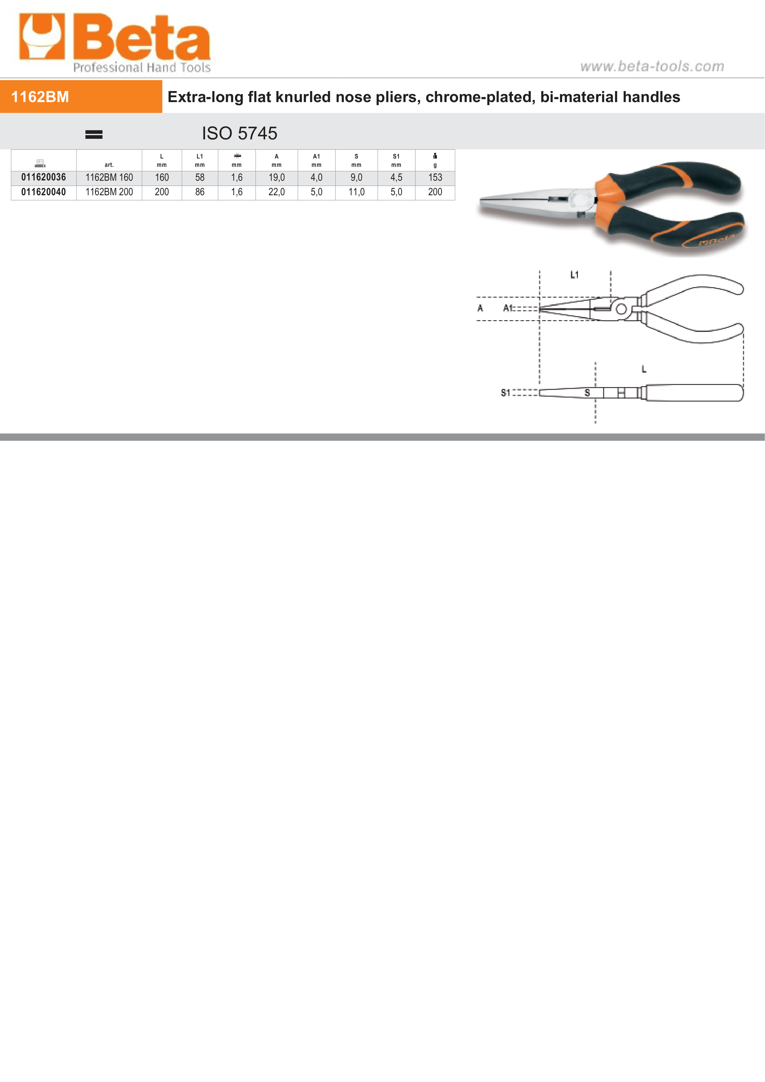 Extra-Long Flat Knurled Nose Pliers Chrome-Plated Bi-Material Handles 160mm Length - Beta Tools 1162BM 160