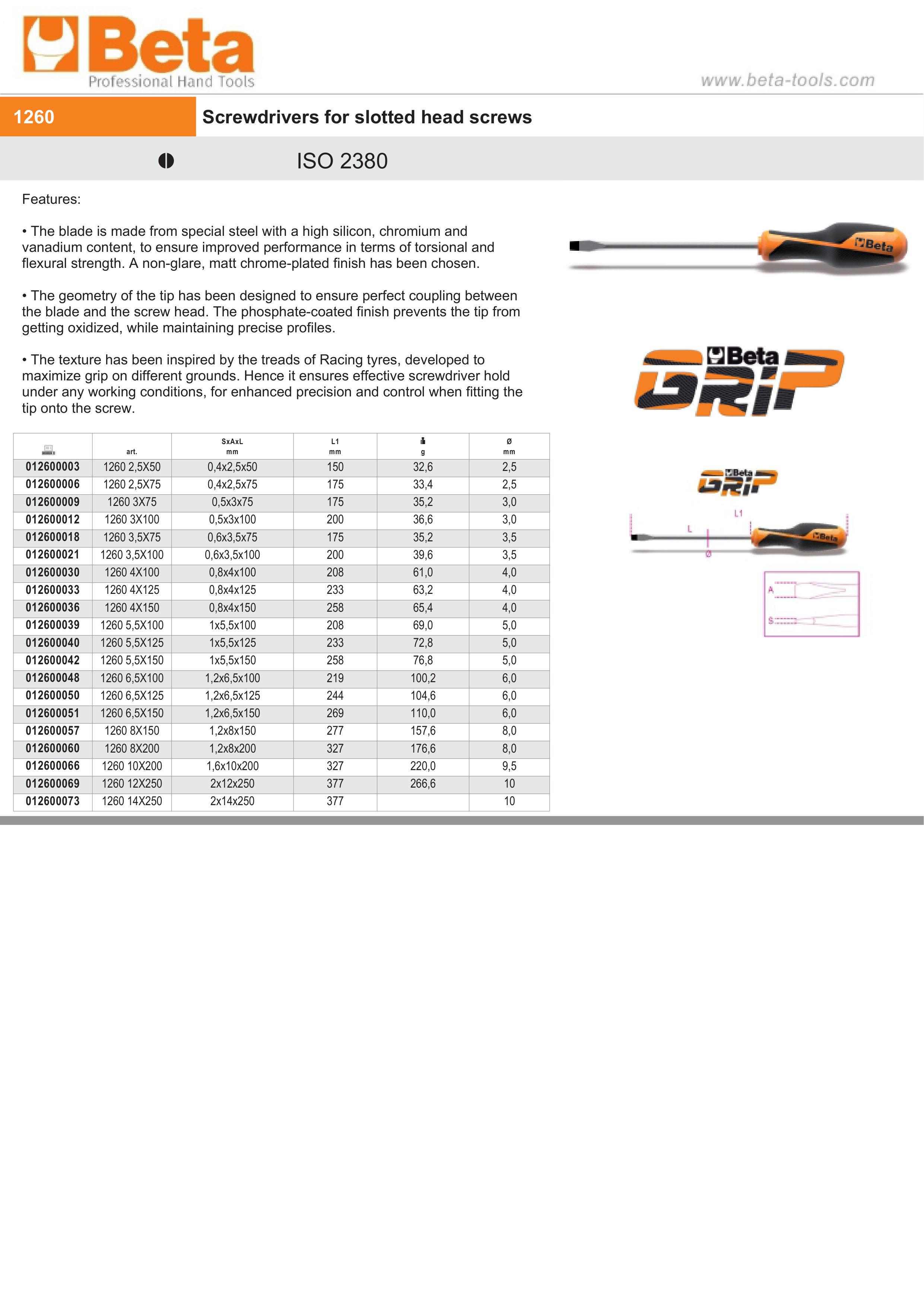 Screwdriver for Slotted Head Screws 0.8x4mm 125mm Length - BetaGRIP 1260 4X125
