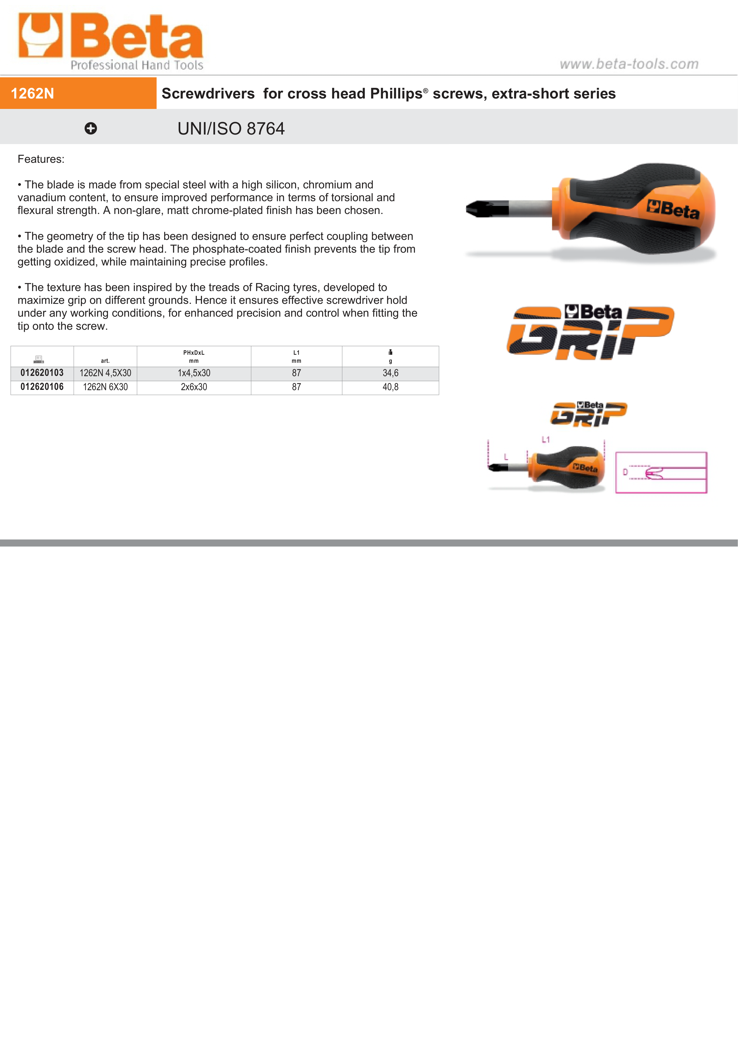 Screwdriver for Cross Head Phillips Screws Extra-Short PH1 4.5mm 30mm Length - BetaGRIP 1262N 4,5X30