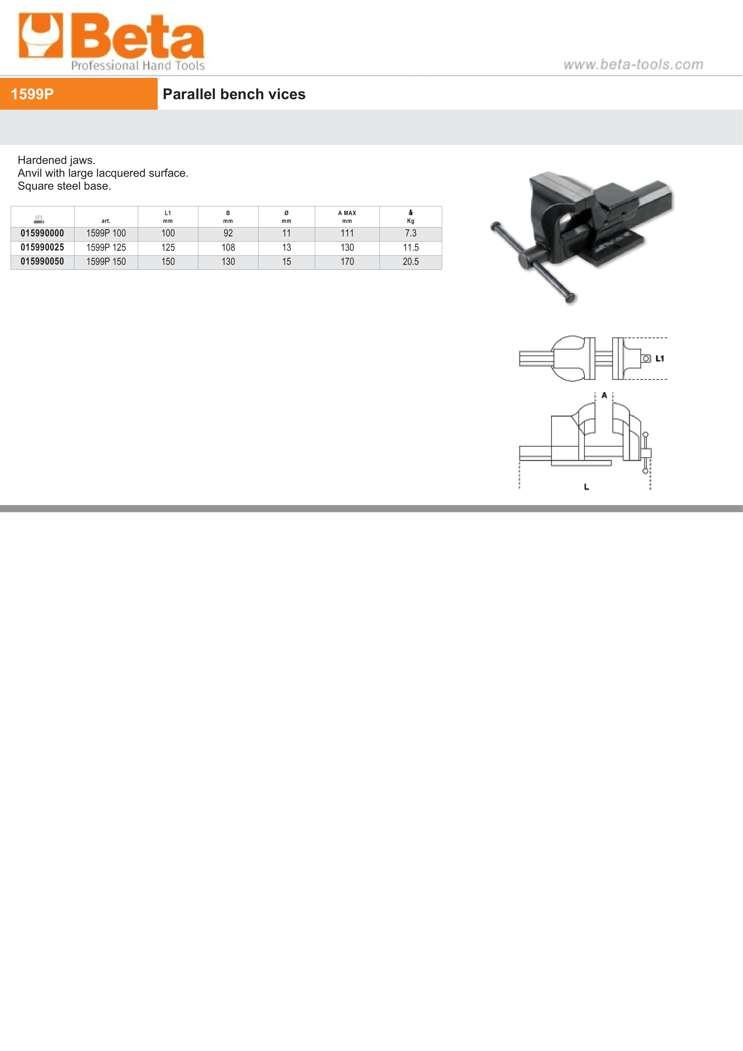 Parallel Bench Vice 100mm Jaws - Beta Tools 1599P 100