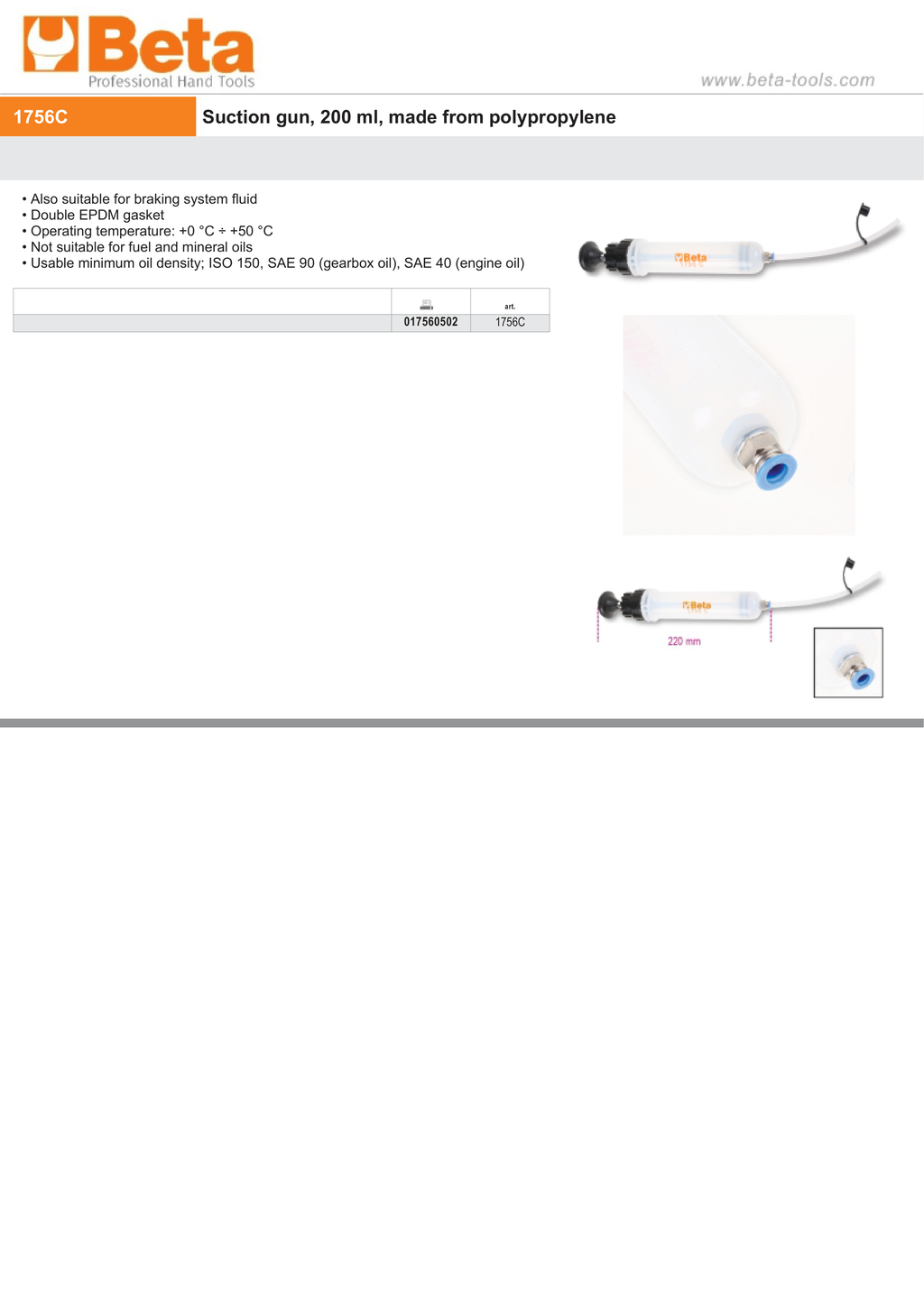 Suction Gun 200ml Polypropylene for Brake Fluid and High-Density Oils - Beta Tools 1756C