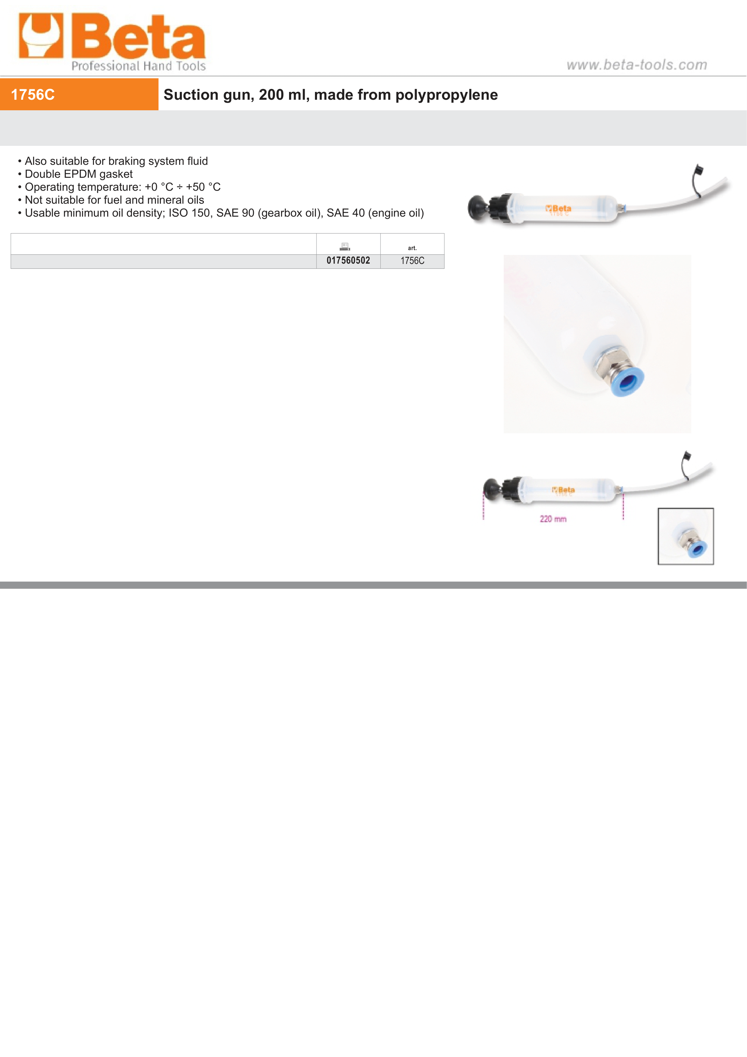 Suction Gun 200ml Polypropylene for Brake Fluid and High-Density Oils - Beta Tools 1756C