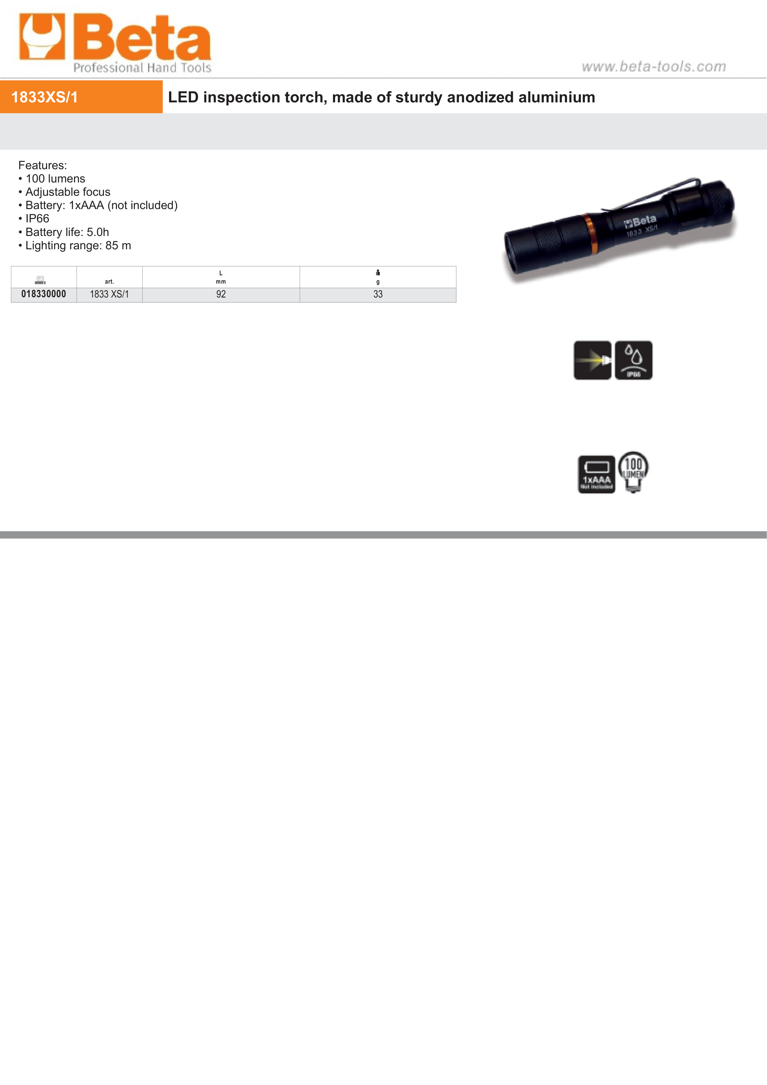 LED Inspection Torch Anodized Aluminum 100 Lumens 92mm - Beta Tools 1833 XS/1