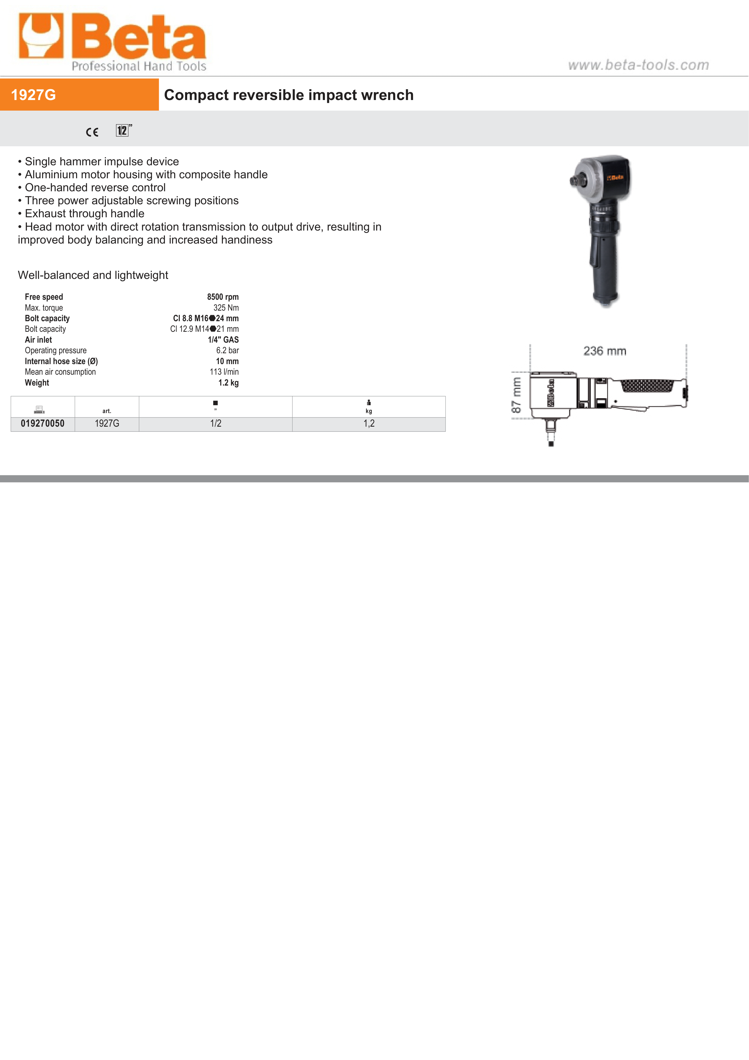 Compact Reversible Impact Wrench 1/2 Lightweight - Beta Tools 1927G