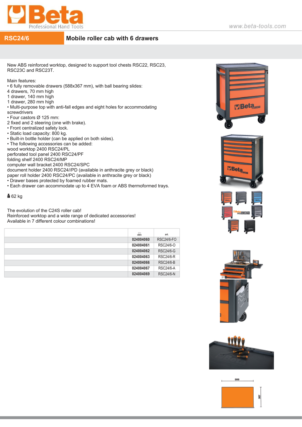 Mobile Roller Cab 6 Drawers Reinforced Worktop 800kg Capacity - Beta Tools RSC24/6-FO