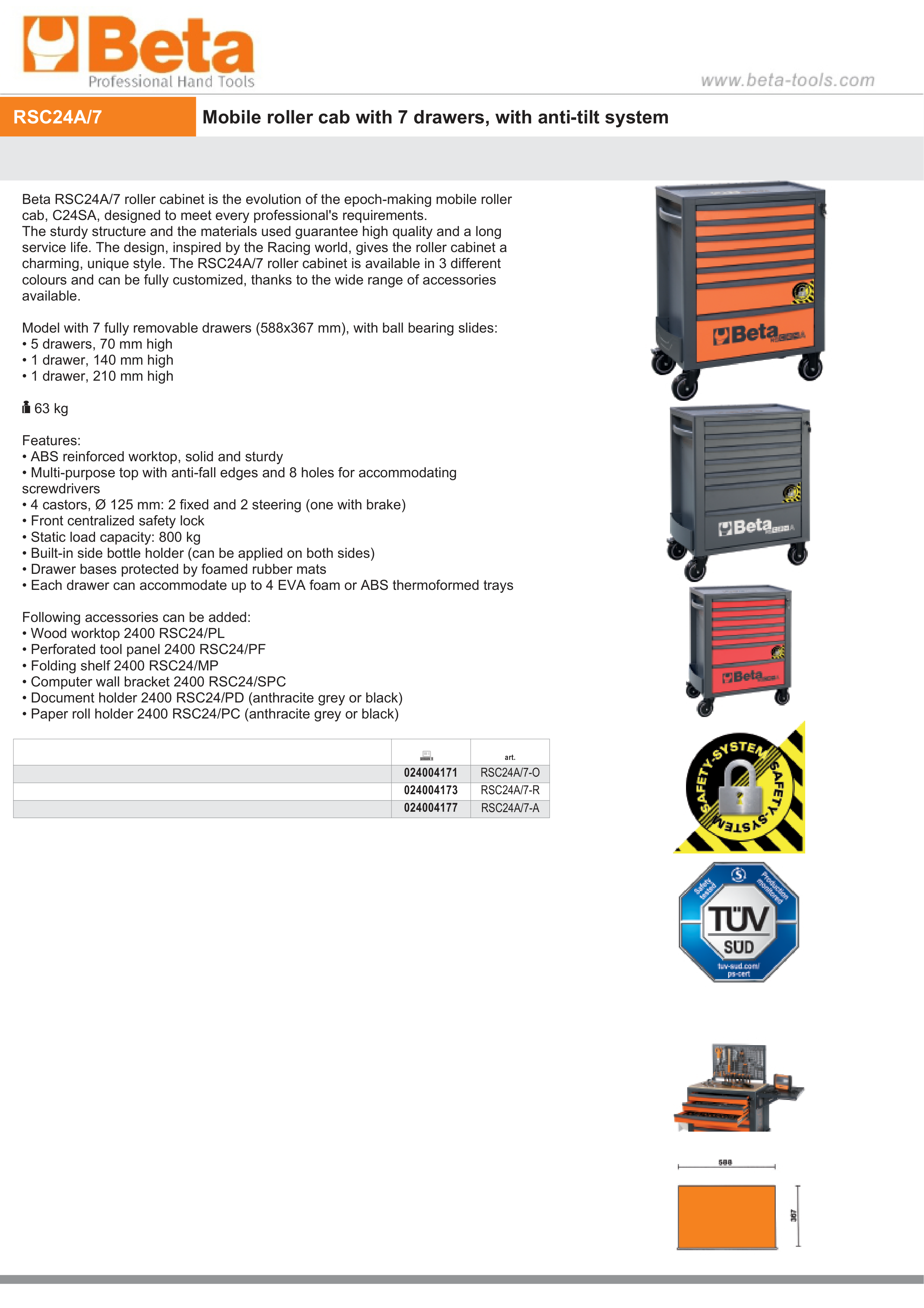 Mobile Roller Cab 7 Drawers Anti-Tilt System Reinforced Worktop 800kg Capacity - Beta Tools RSC24A/7-A