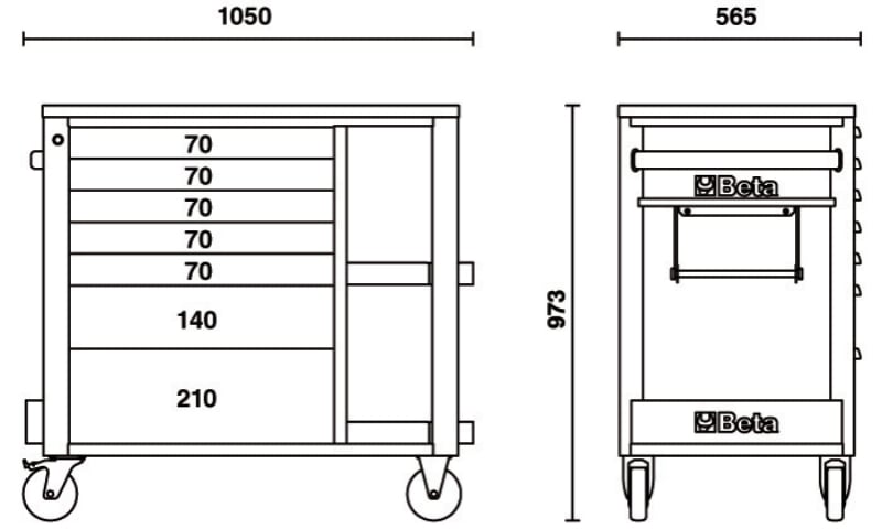 Mobile Roller Cab 7 Drawers Side Shelves 1100kg Capacity - Beta Tools RSC24L/7-O