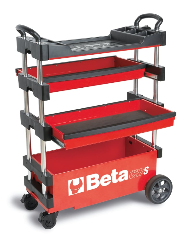 Folding Tool Trolley for Outdoor Jobs, 2 Drawers, 990x390x700mm, Centralized Lock, 160mm Fixed Castors - Beta Tools C27S-R