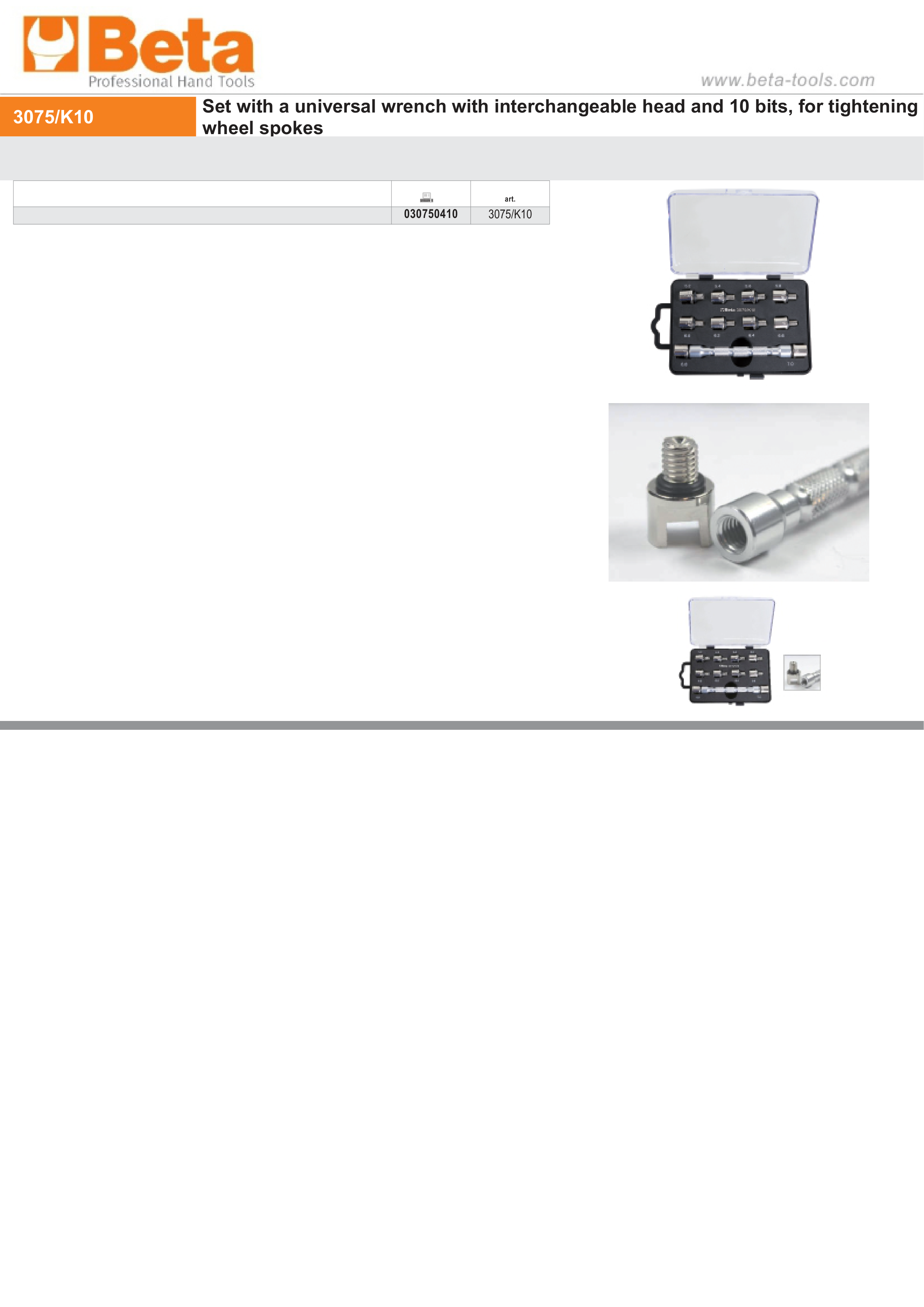 Universal Wrench Set with Interchangeable Head and 10 Bits for Wheel Spokes - Beta Tools 3075/K10