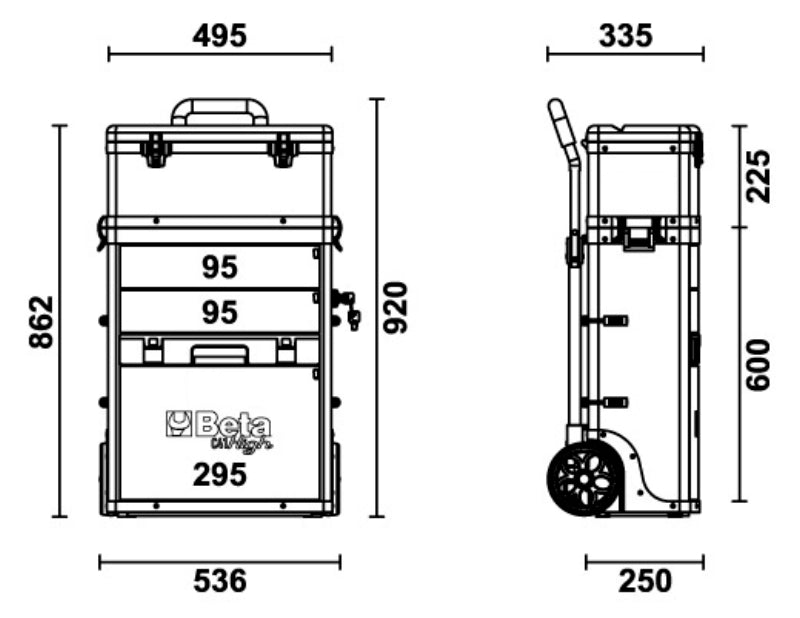 Two-Module Tool Trolley with Detachable Tool Box, Drawers, and Pull-Out Case - Beta Tools C41H-O