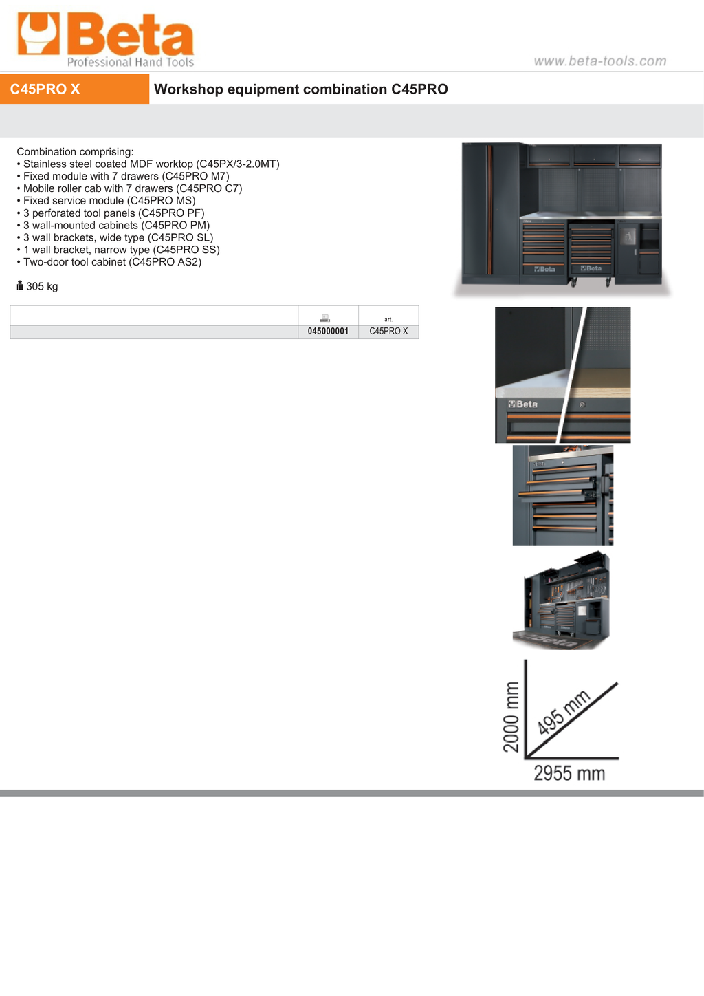 Workshop Equipment Combination with Worktop, Drawers, Tool Panels, and Cabinets - BetaC45PRO C45PRO X