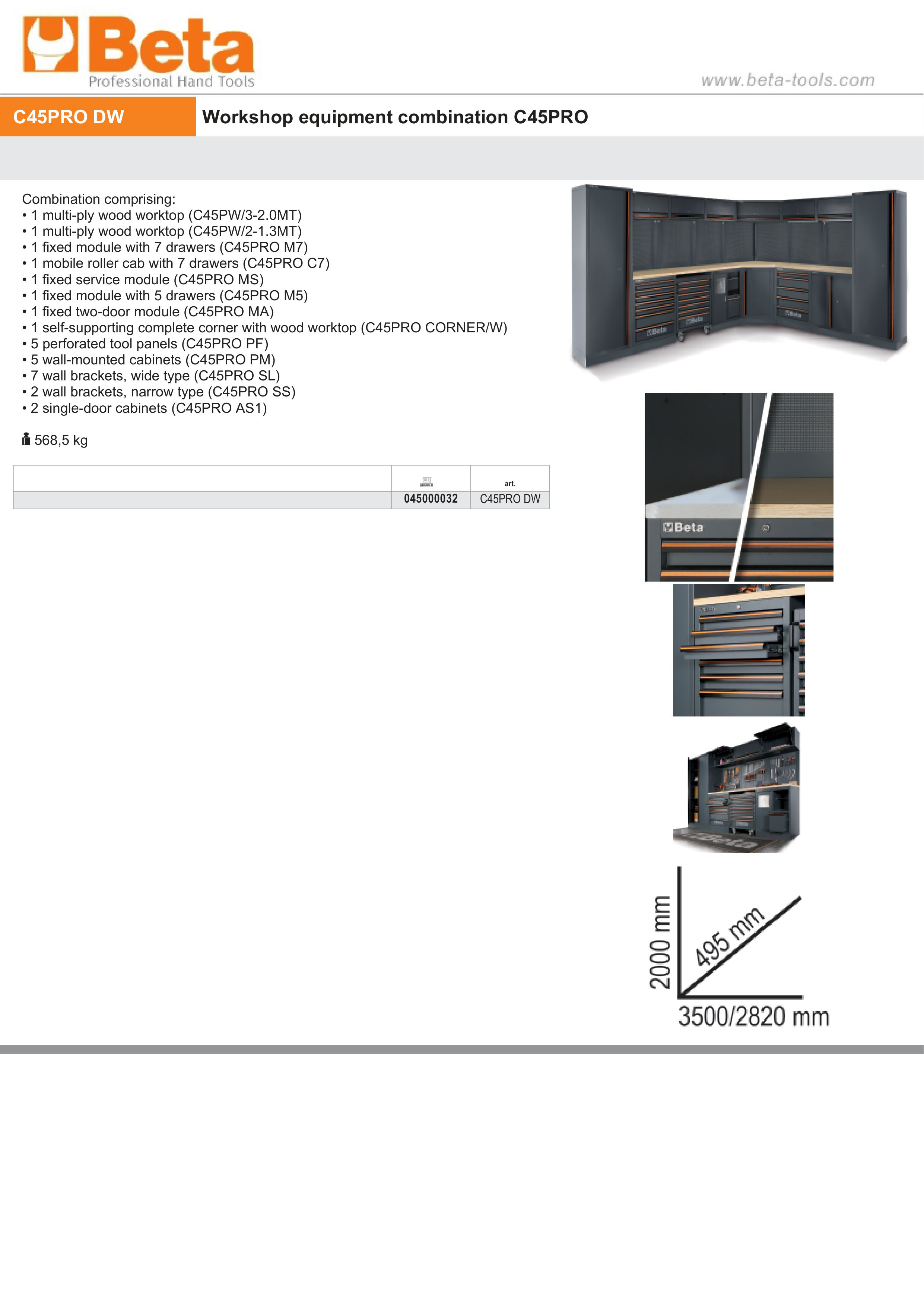 Workshop Equipment Combination with Wood Worktops, Drawers, Tool Panels, and Cabinets - BetaC45PRO C45PRO DW