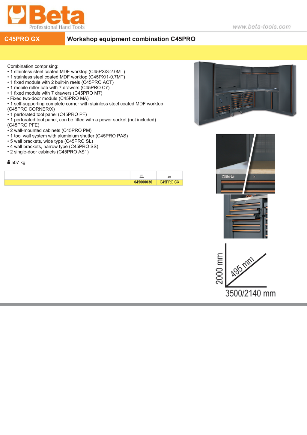 Workshop Equipment Combination with Stainless Steel Worktops, Drawers, Tool Panels, and Cabinets - BetaC45PRO C45PRO GX