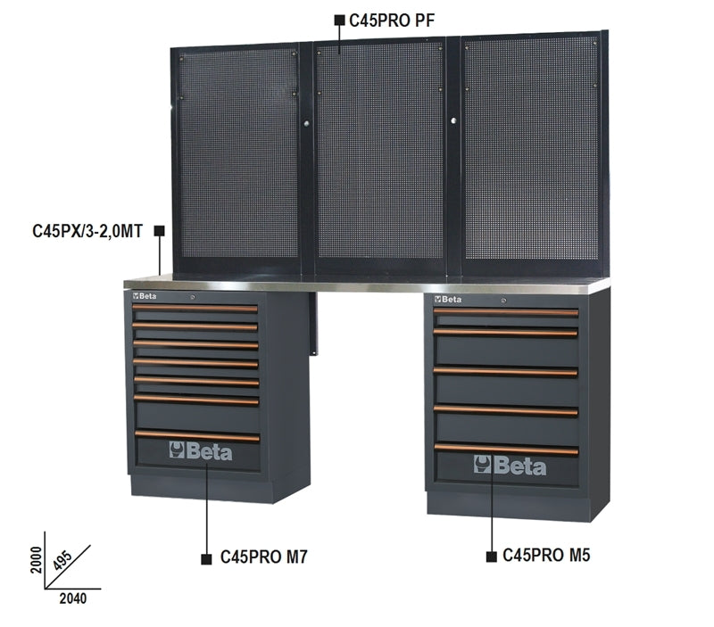 Workbenches with Stainless Steel Worktop, Drawers, and Tool Panels - BetaC45PRO C45PRO BPX-2,0