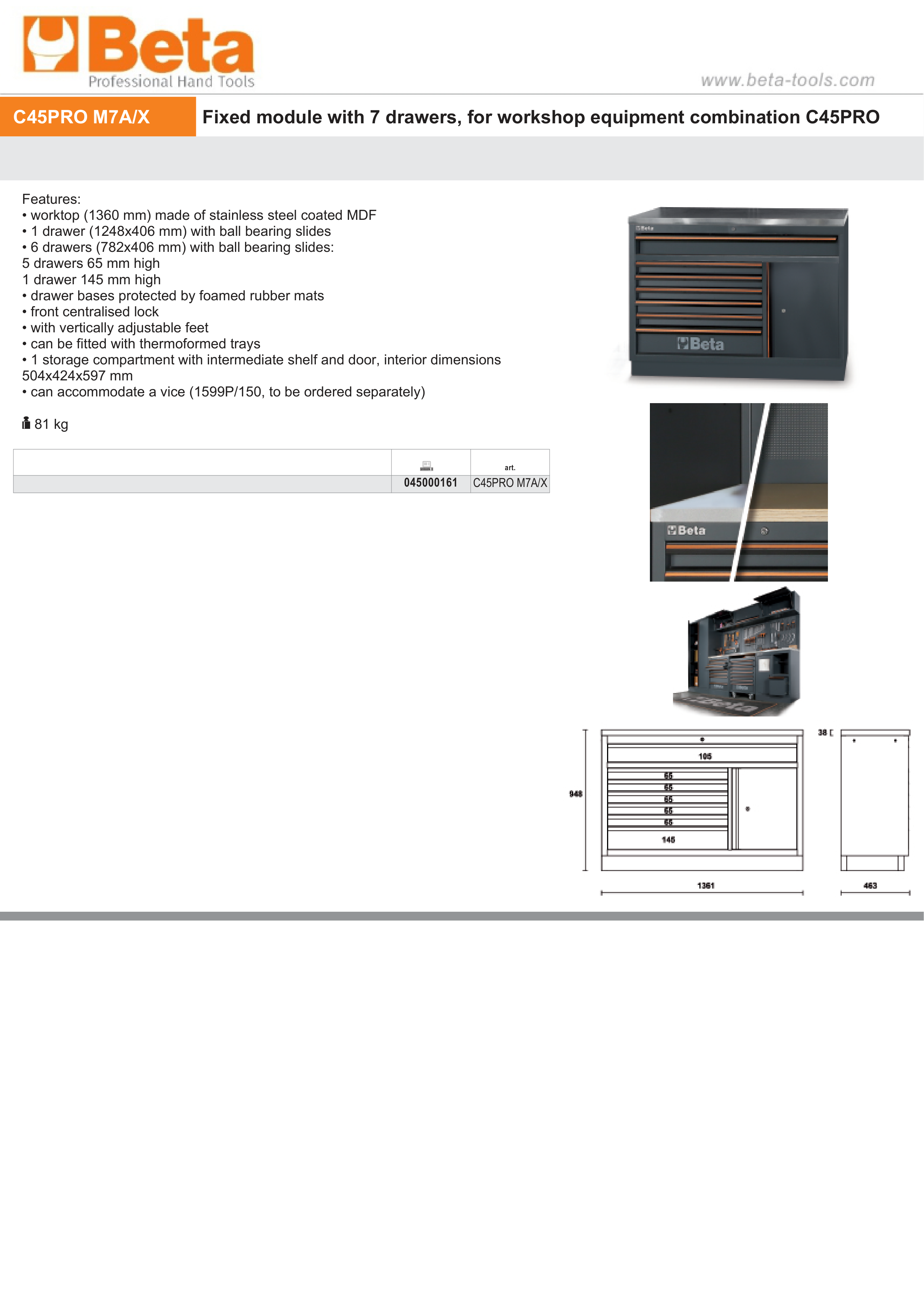 Fixed Module with 7 Drawers and Storage Compartment for Workbench - BetaC45PRO C45PRO M7A/X