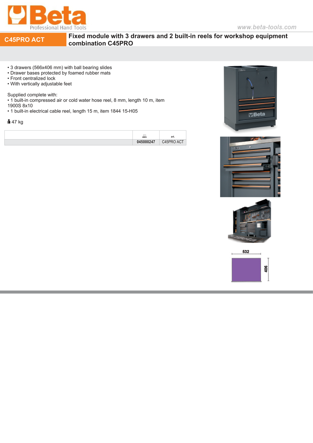Fixed Module with 3 Drawers and 2 Built-In Reels for Workshop - BetaC45PRO C45PRO ACT