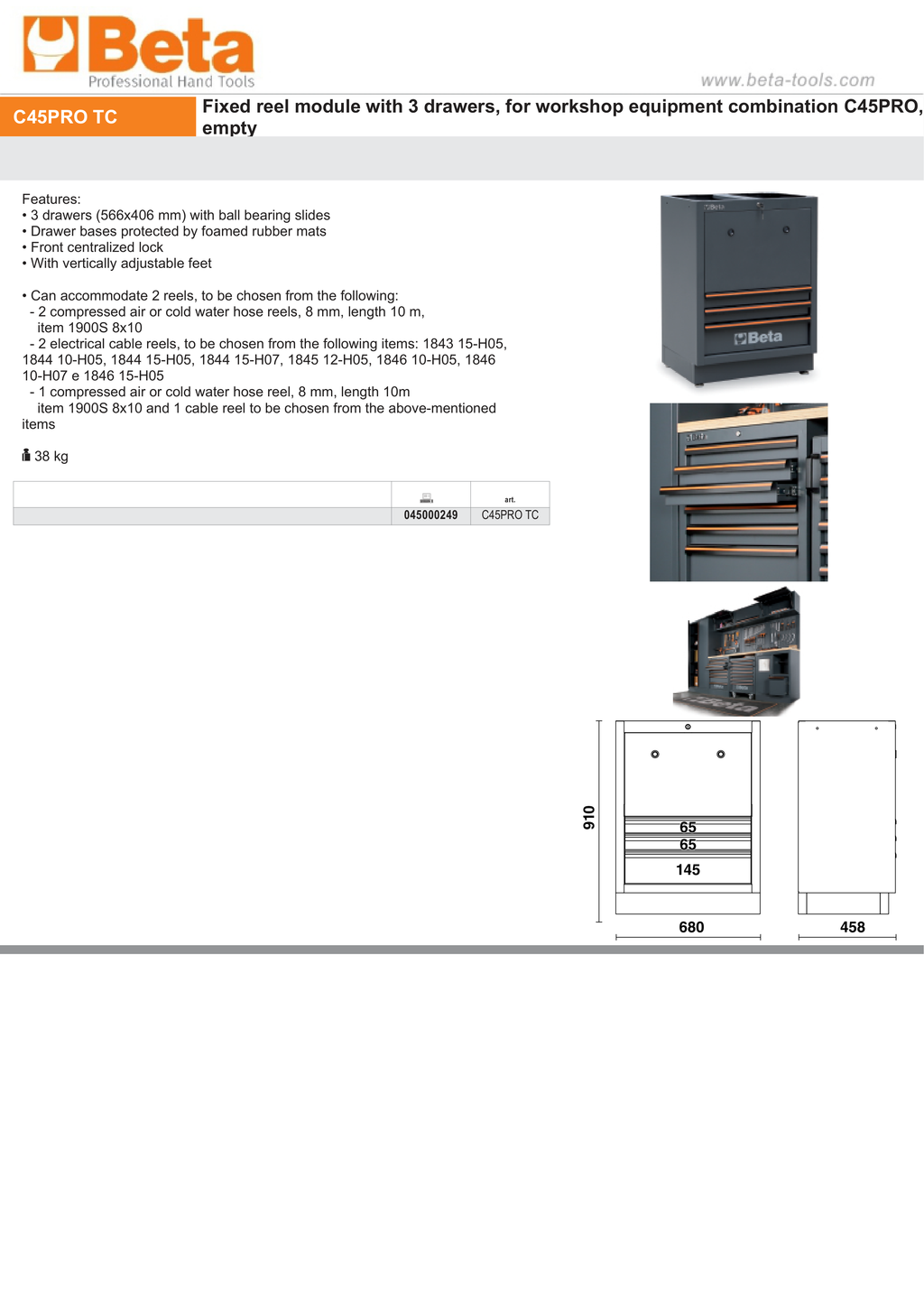 Fixed Reel Module with 3 Drawers for Workshop, Empty - BetaC45PRO C45PRO TC