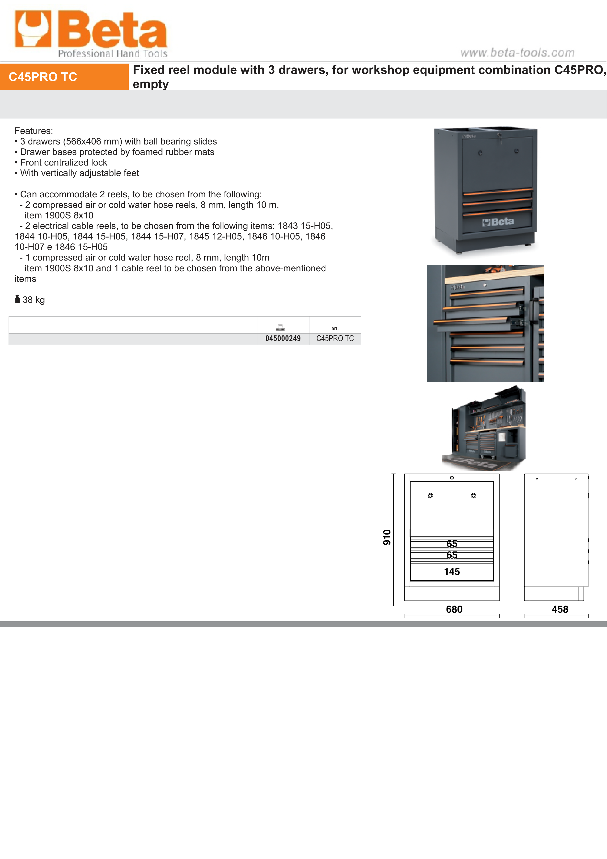 Fixed Reel Module with 3 Drawers for Workshop, Empty - BetaC45PRO C45PRO TC