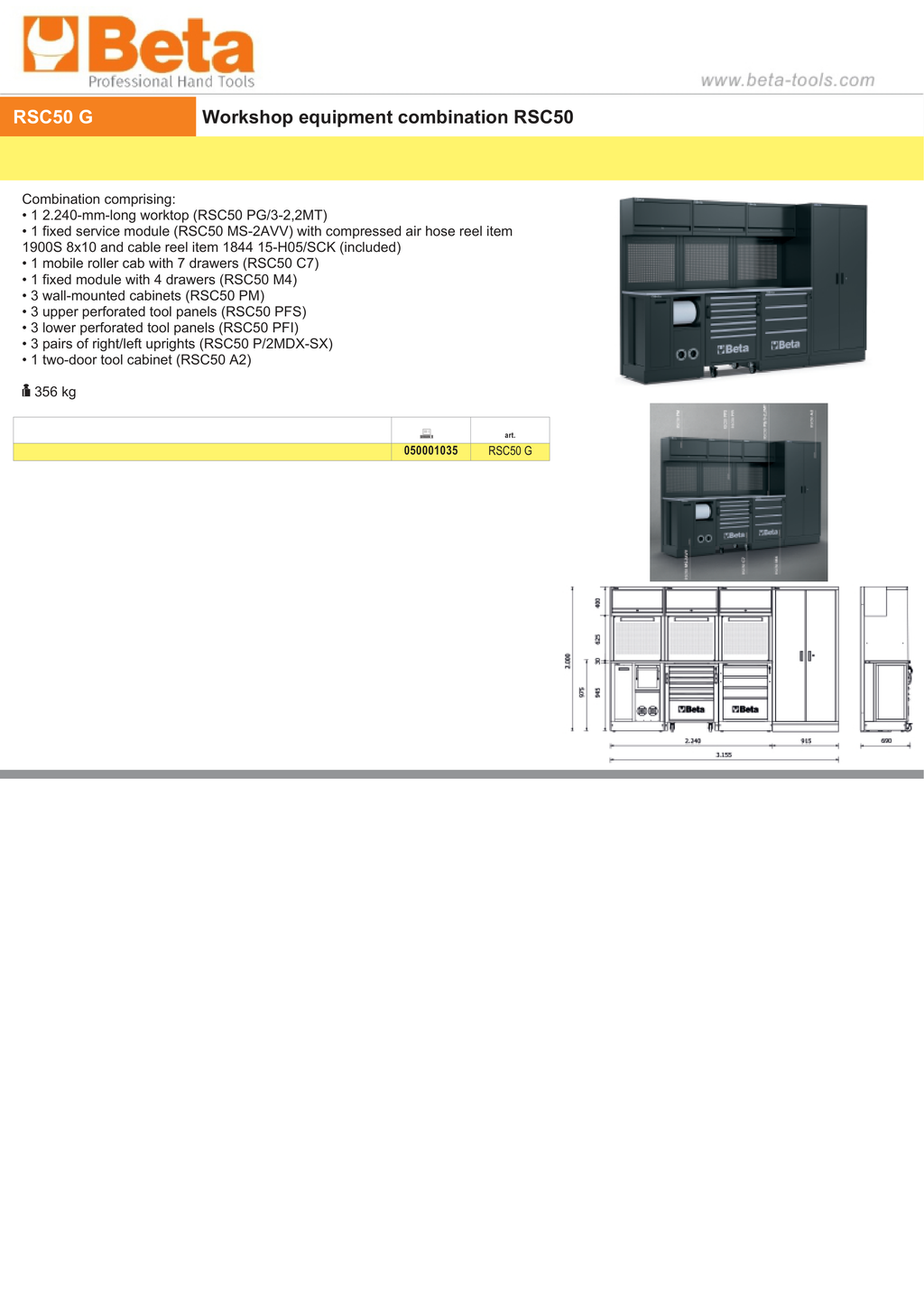 Workshop Equipment Combination RSC50 with 2.240mm Worktop, Drawers, Roller Cab, and Tool Panels - BetaRSC50 RSC50 G