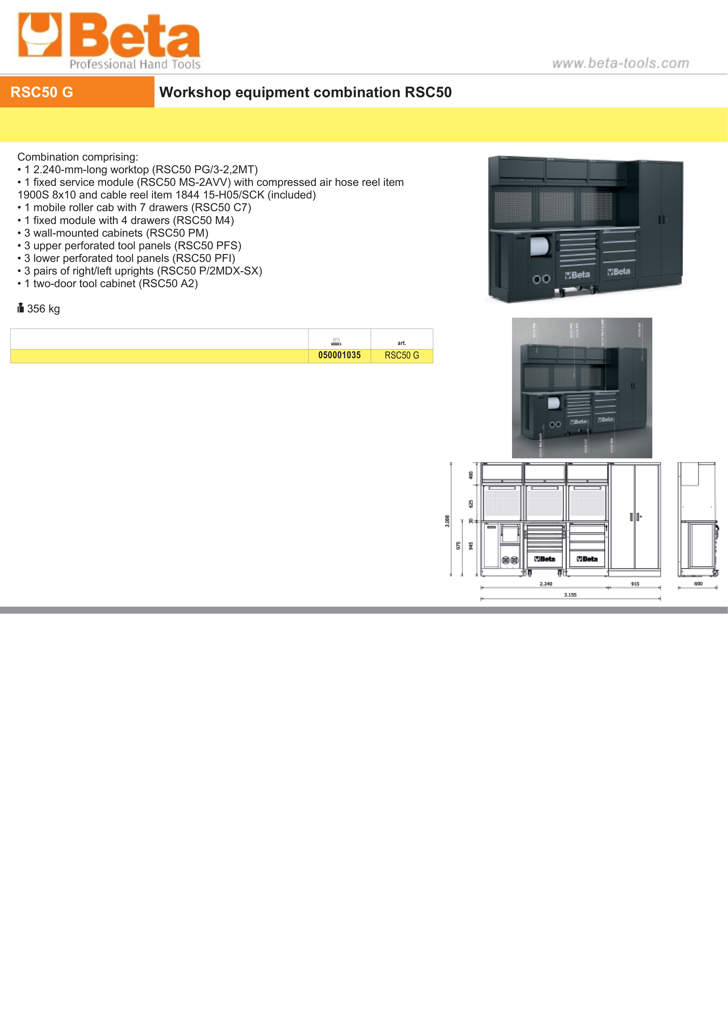 Workshop Equipment Combination RSC50 with 2.240mm Worktop, Drawers, Roller Cab, and Tool Panels - BetaRSC50 RSC50 G