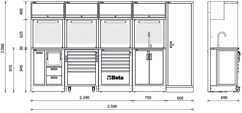Workshop Equipment Combination RSC50 with 2.240mm Worktop, Drawers, Roller Cab, Sink, and Tool Panels - BetaRSC50 RSC50 H