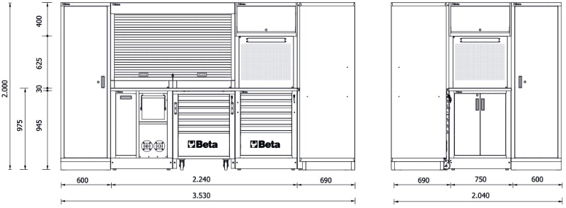 Workshop Equipment Combination RSC50 with 2.240mm and 750mm Worktops, Drawers, Roller Cab, Corner Unit, and Tool Panels - BetaRSC50 RSC50 L
