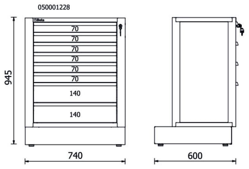 Fixed Module with 8 Drawers for RSC50, 588x367mm, Central Lock, Adjustable Feet - BetaRSC50 RSC50 M8