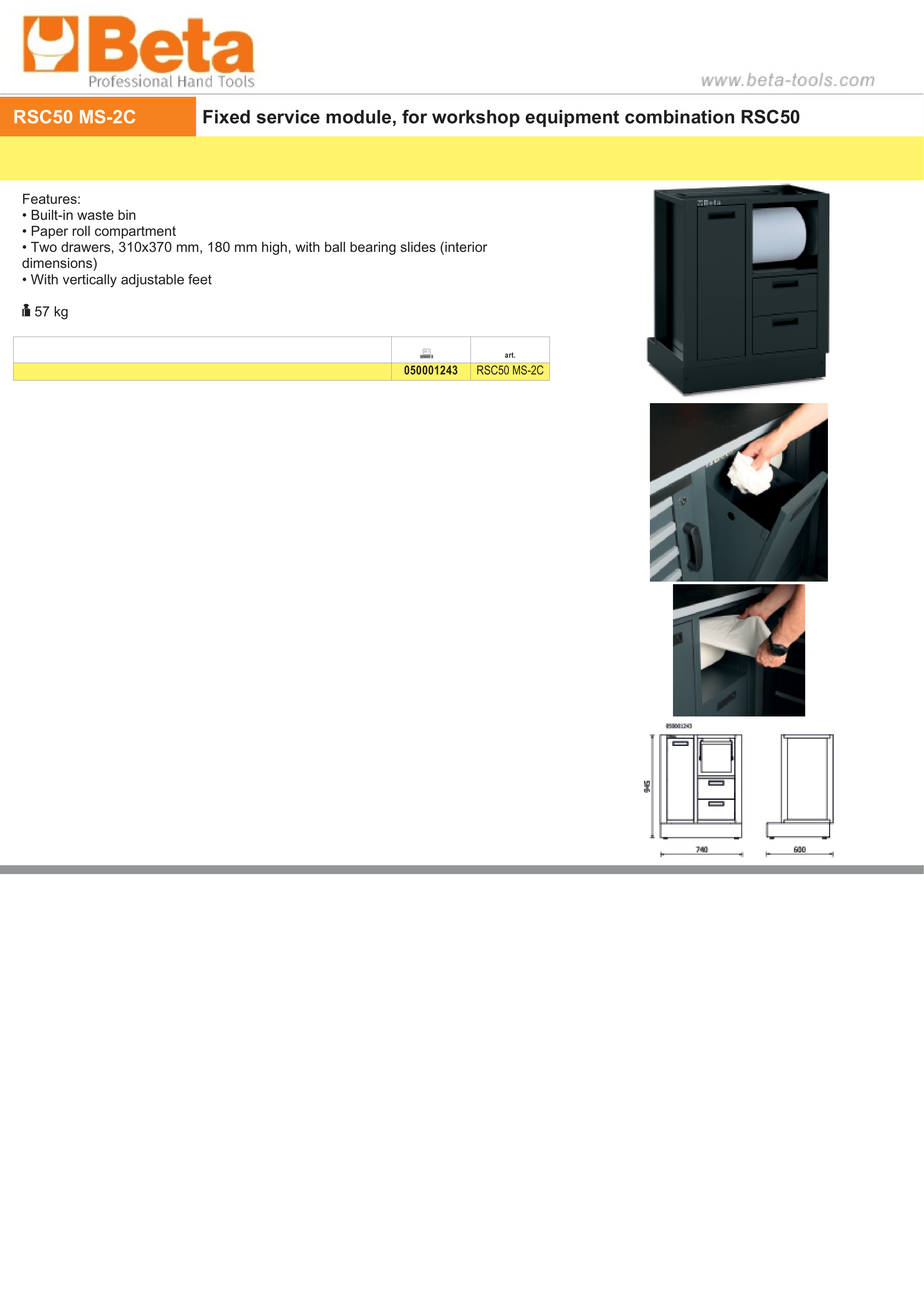Fixed Service Module for RSC50 with Waste Bin, Paper Roll Compartment, 2 Drawers 310x370mm, Adjustable Feet - BetaRSC50 RSC50 MS-2C