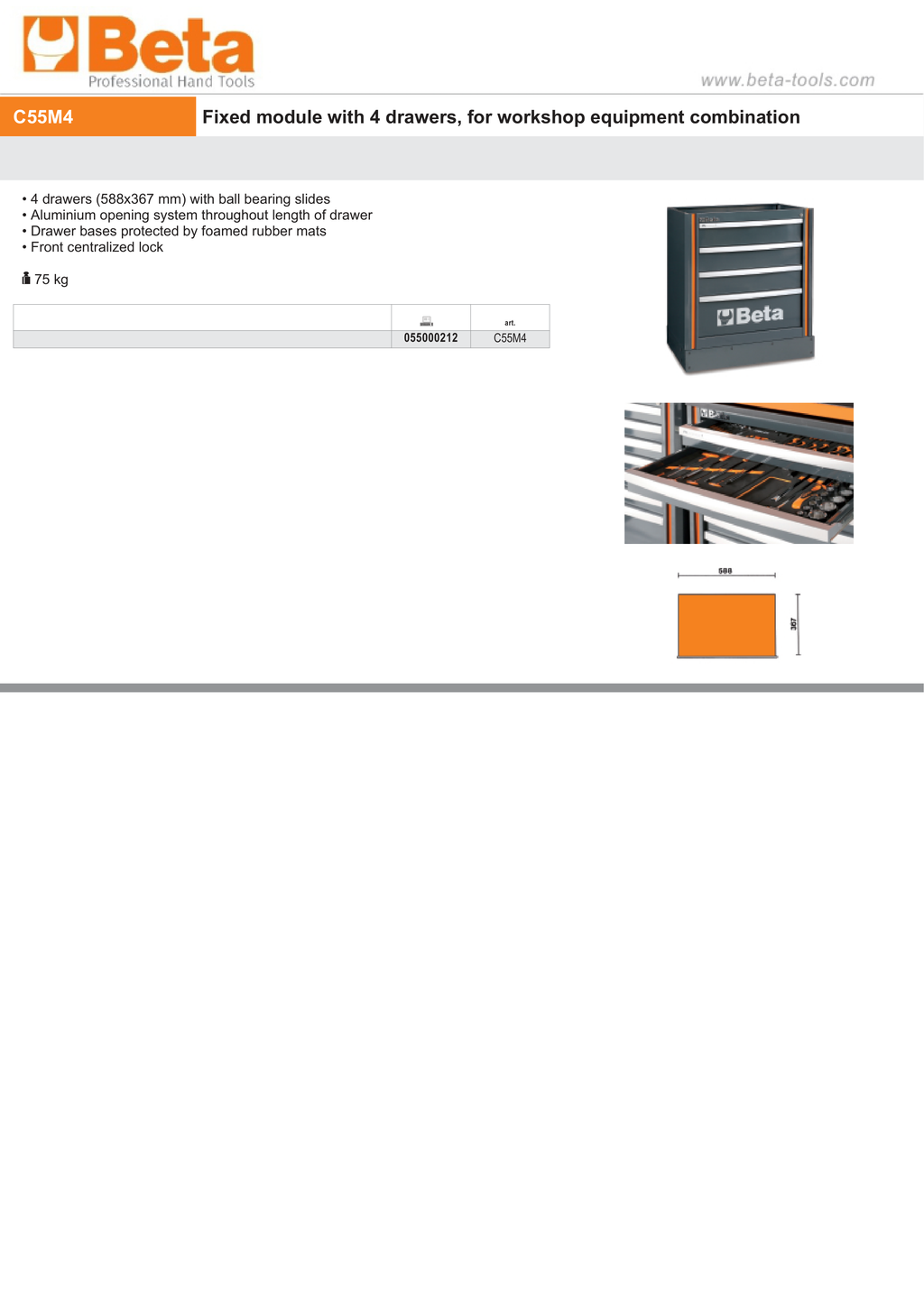 Fixed Module with 4 Drawers, Ball Bearing Slides, Central Lock, 588x367mm Drawers - BetaRSC55 C55M4