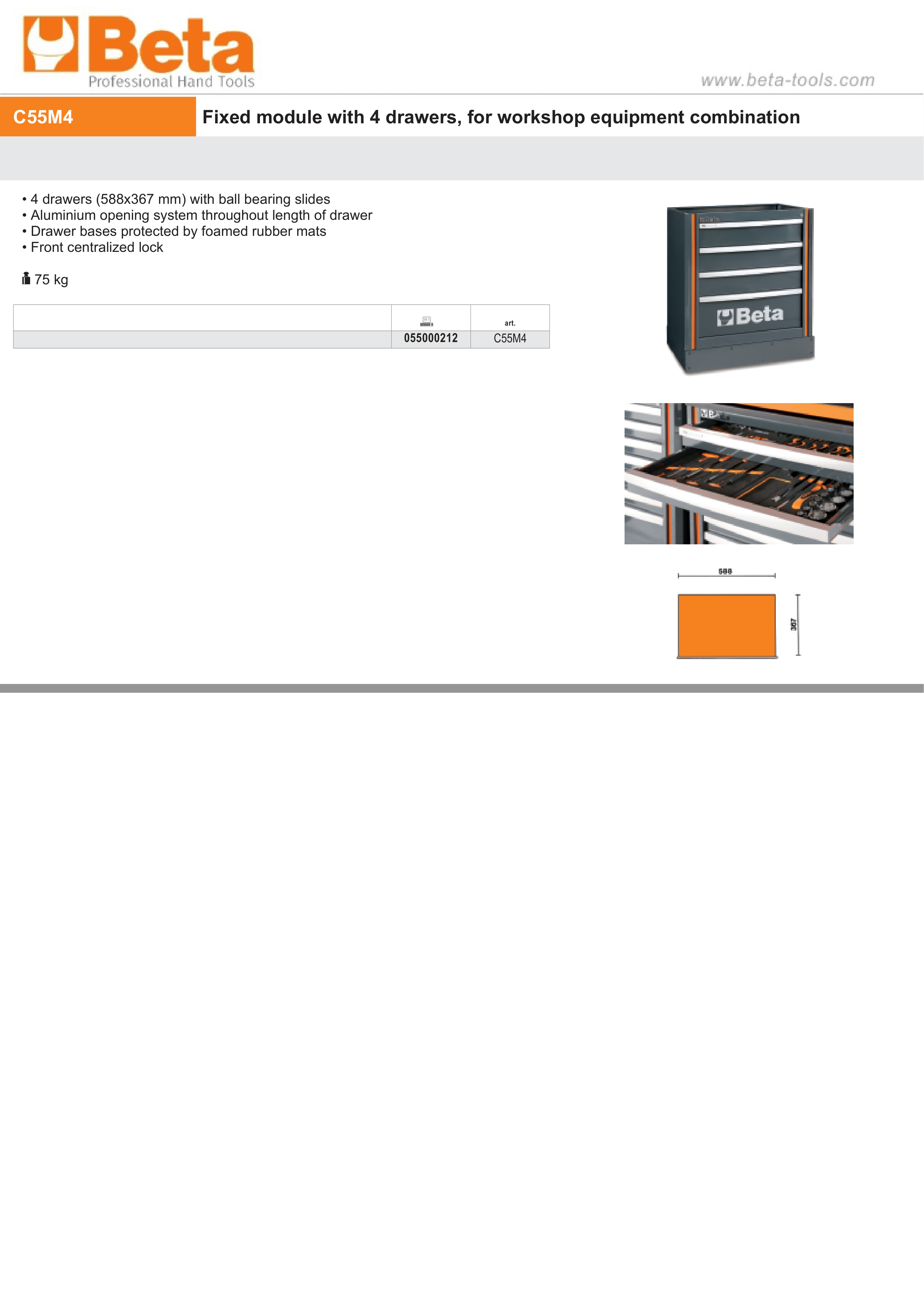 Fixed Module with 4 Drawers, Ball Bearing Slides, Central Lock, 588x367mm Drawers - BetaRSC55 C55M4