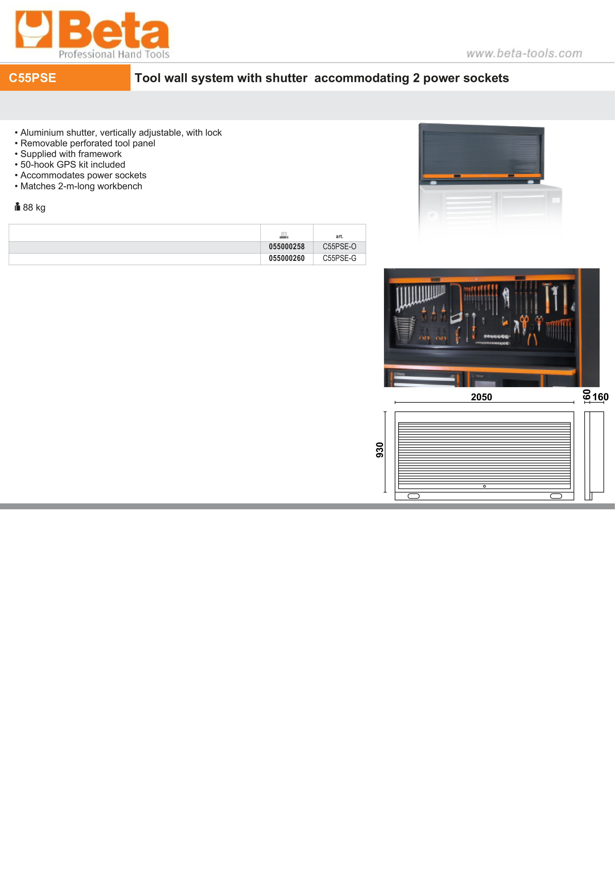 Tool Wall System with Lockable Adjustable Shutter, Perforated Panel, 50-Hook Kit, Power Socket Accommodation, Fits 2m Workbench - BetaRSC55 C55PSE-G