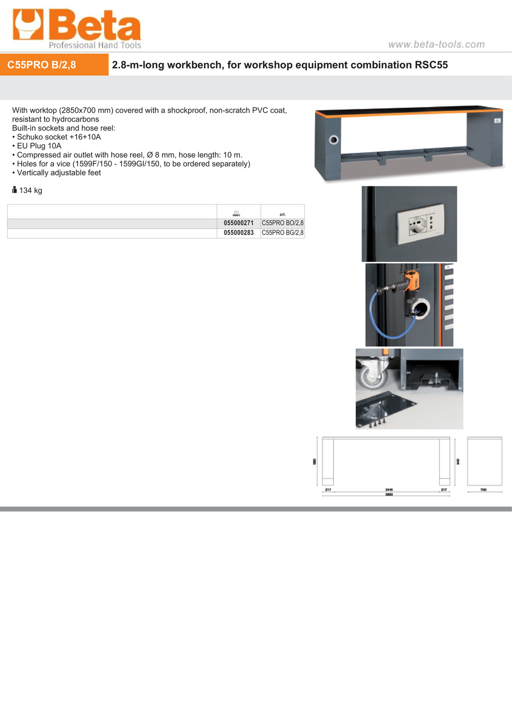 2.8m Workbench with Shockproof PVC Coated Worktop, Built-in Sockets, Hose Reel, Vice Holes, Adjustable Feet - BetaRSC55 C55PRO BO/2,8