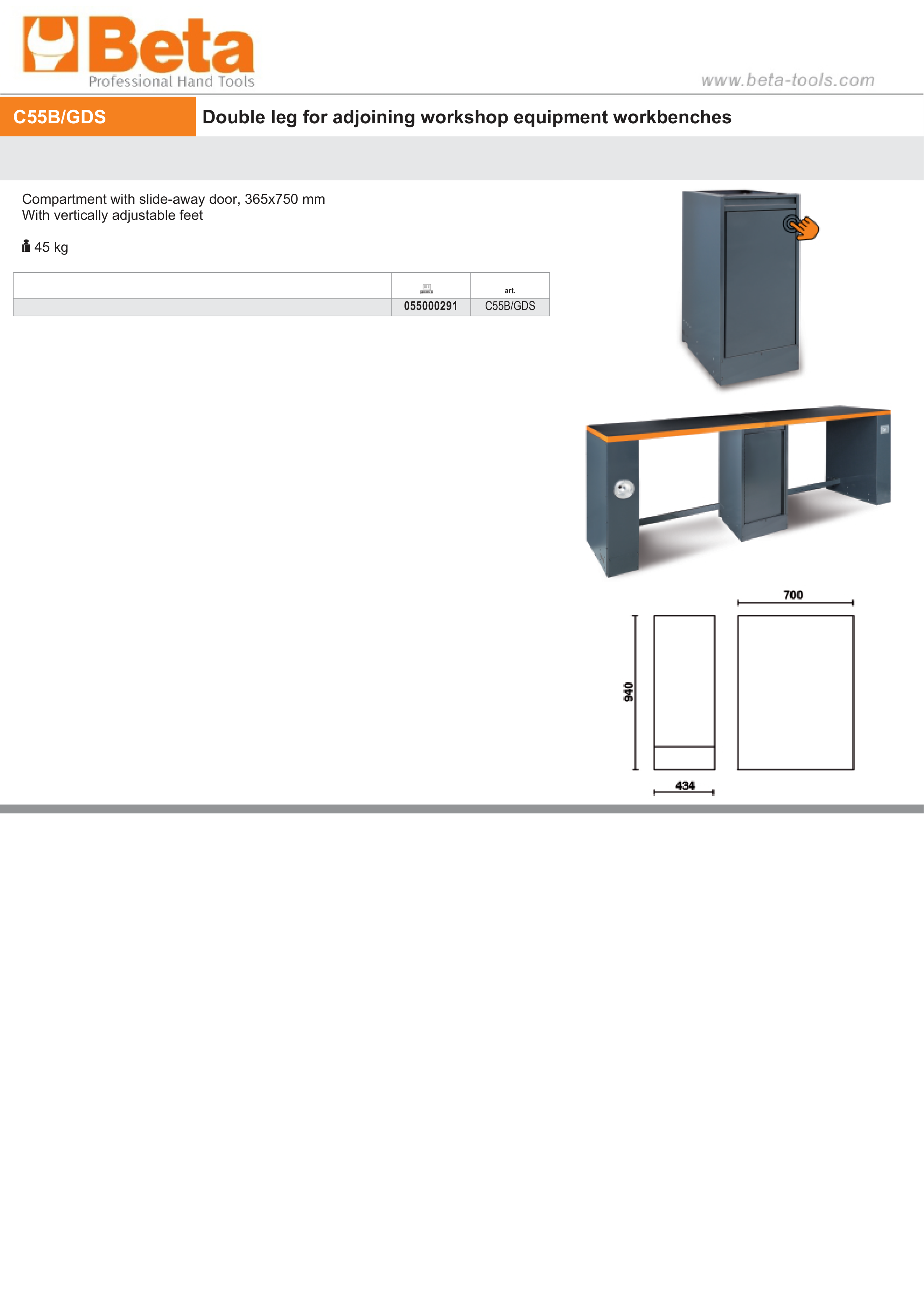 Double Leg with Slide-Away Door Compartment, Adjustable Feet, 365x750mm - BetaRSC55 C55B/GDS